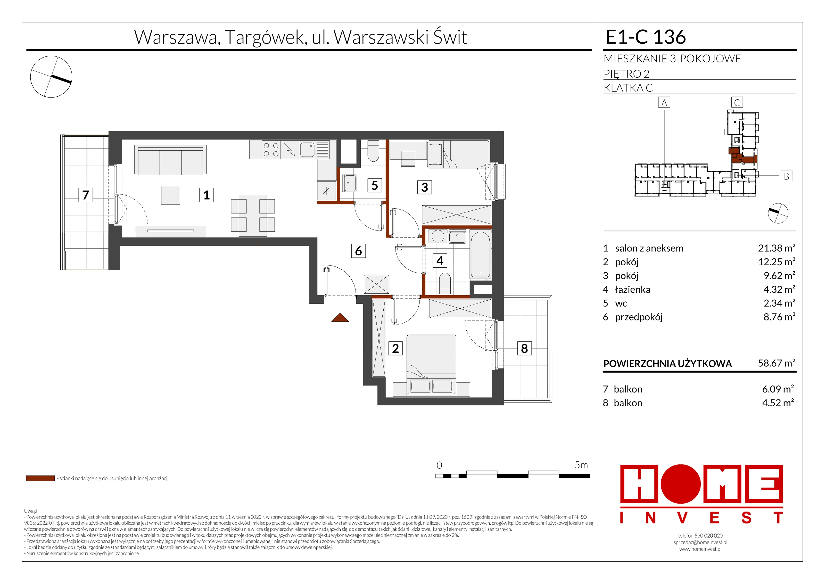 3 pokoje, mieszkanie 58,67 m², piętro 2, oferta nr E1-C136, Warszawski Świt Etap X, Warszawa, Targówek, Bródno, ul. Warszawski Świt