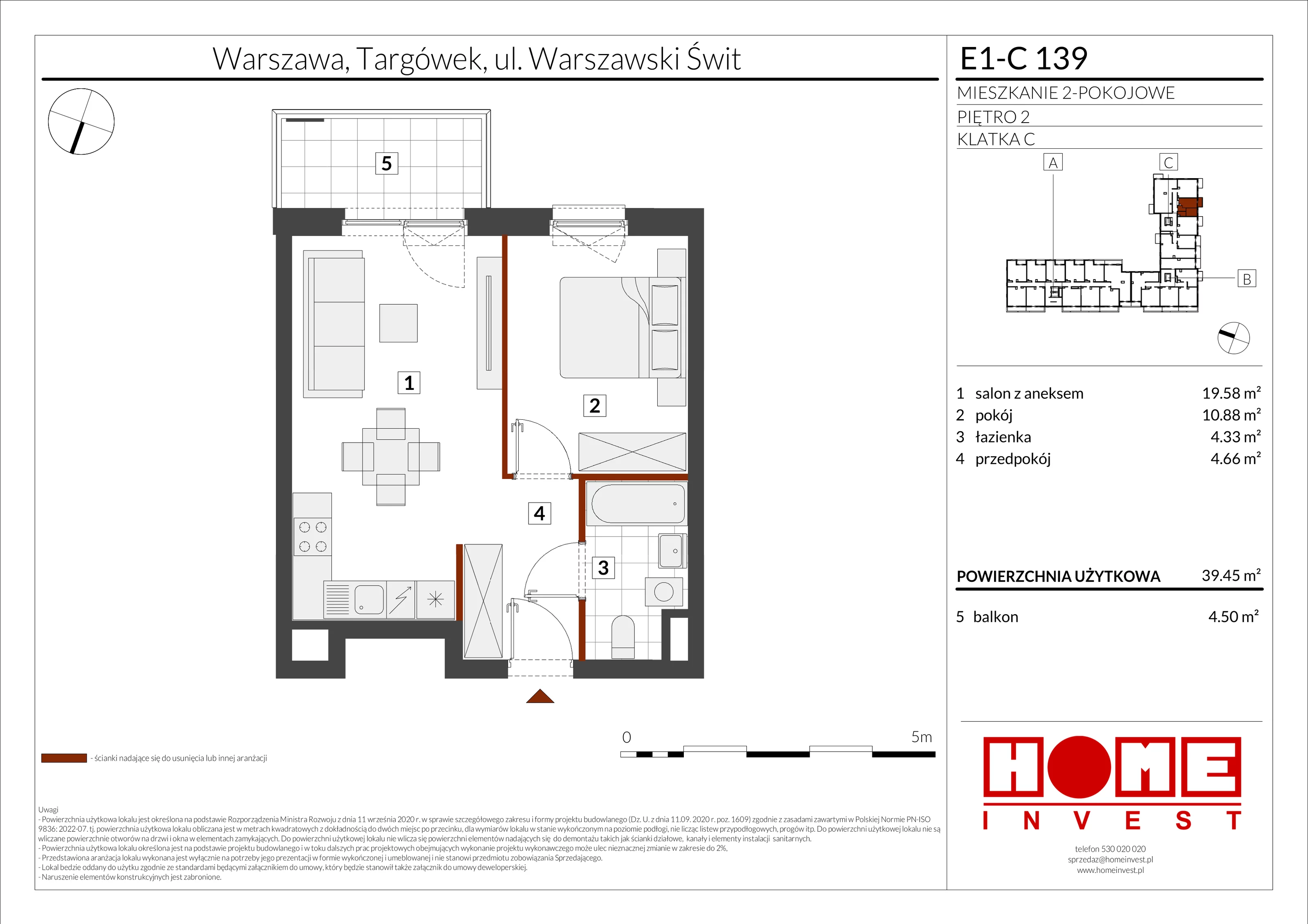 2 pokoje, mieszkanie 39,45 m², piętro 2, oferta nr E1-C139, Warszawski Świt Etap X, Warszawa, Targówek, Bródno, ul. Warszawski Świt