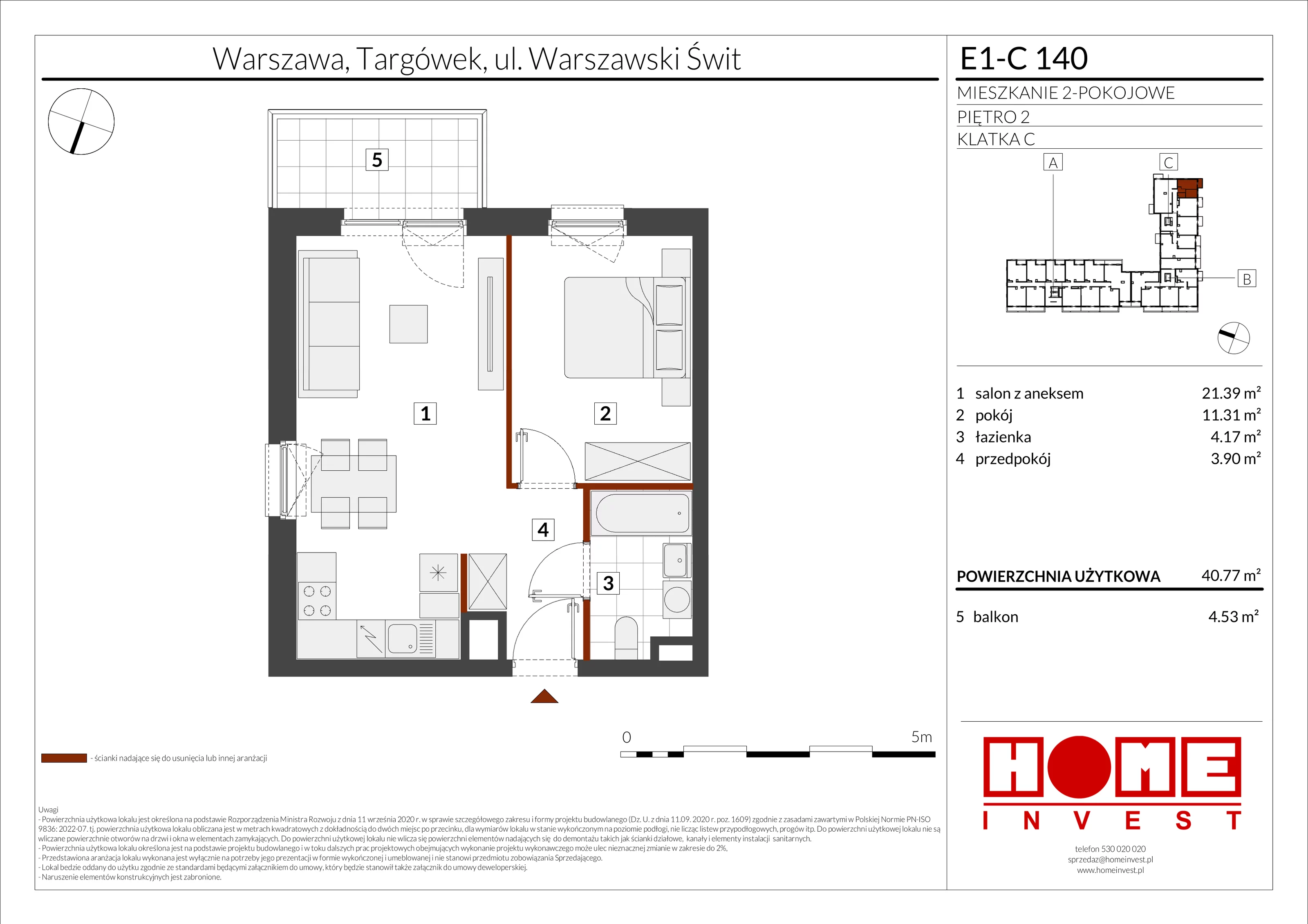 2 pokoje, mieszkanie 40,77 m², piętro 2, oferta nr E1-C140, Warszawski Świt Etap X, Warszawa, Targówek, Bródno, ul. Warszawski Świt