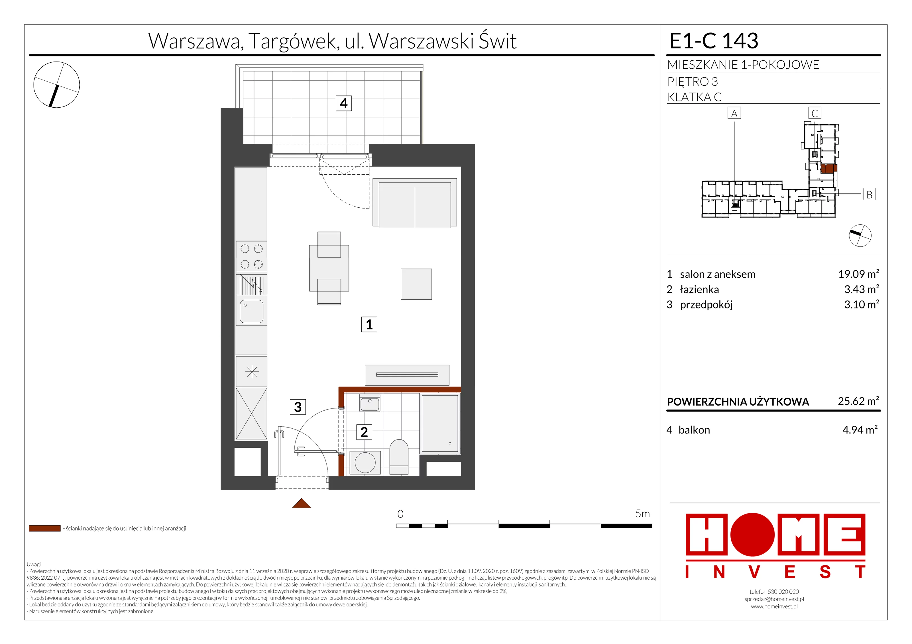 1 pokój, mieszkanie 25,62 m², piętro 3, oferta nr E1-C143, Warszawski Świt Etap X, Warszawa, Targówek, Bródno, ul. Warszawski Świt