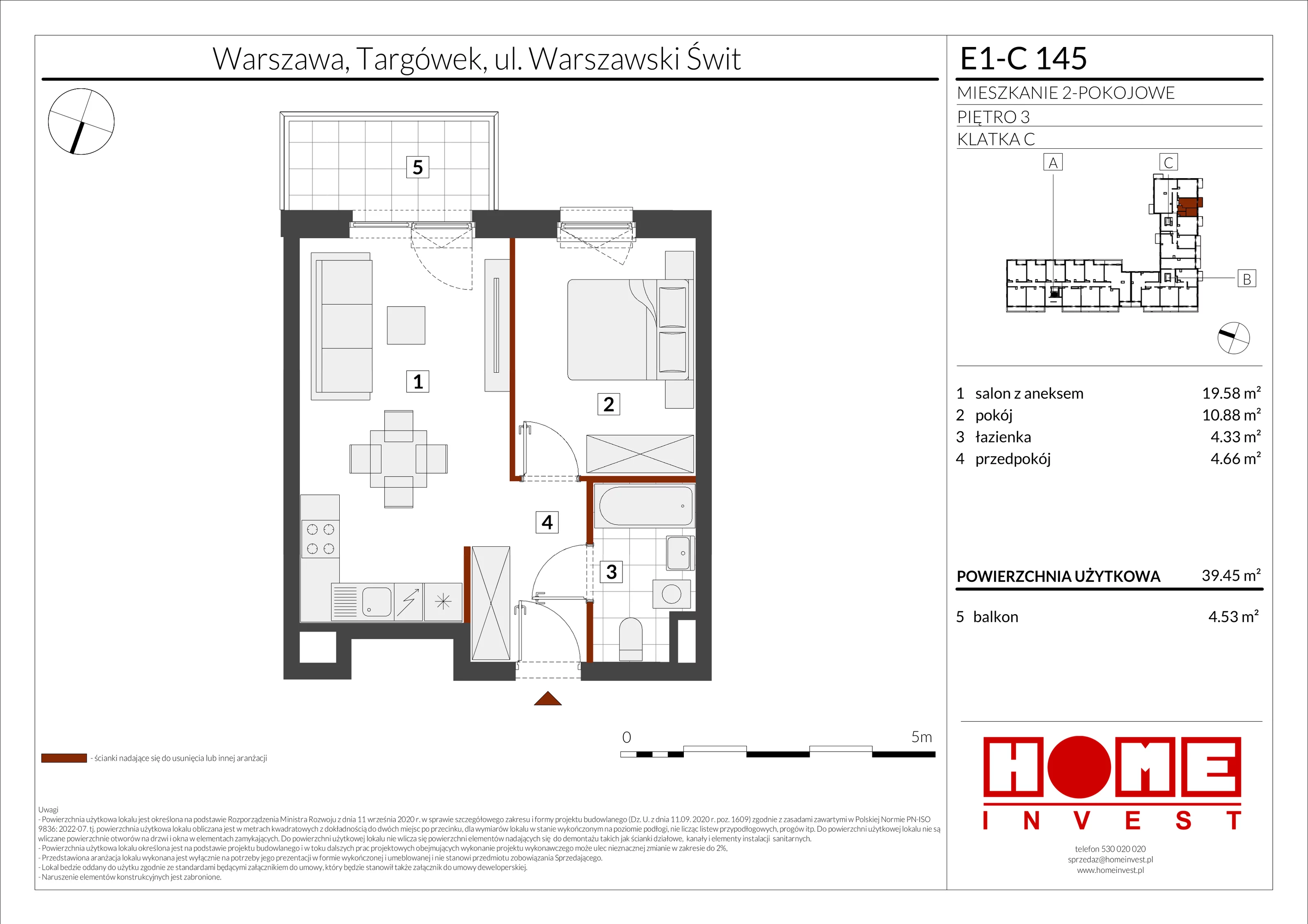2 pokoje, mieszkanie 39,45 m², piętro 3, oferta nr E1-C145, Warszawski Świt Etap X, Warszawa, Targówek, Bródno, ul. Warszawski Świt