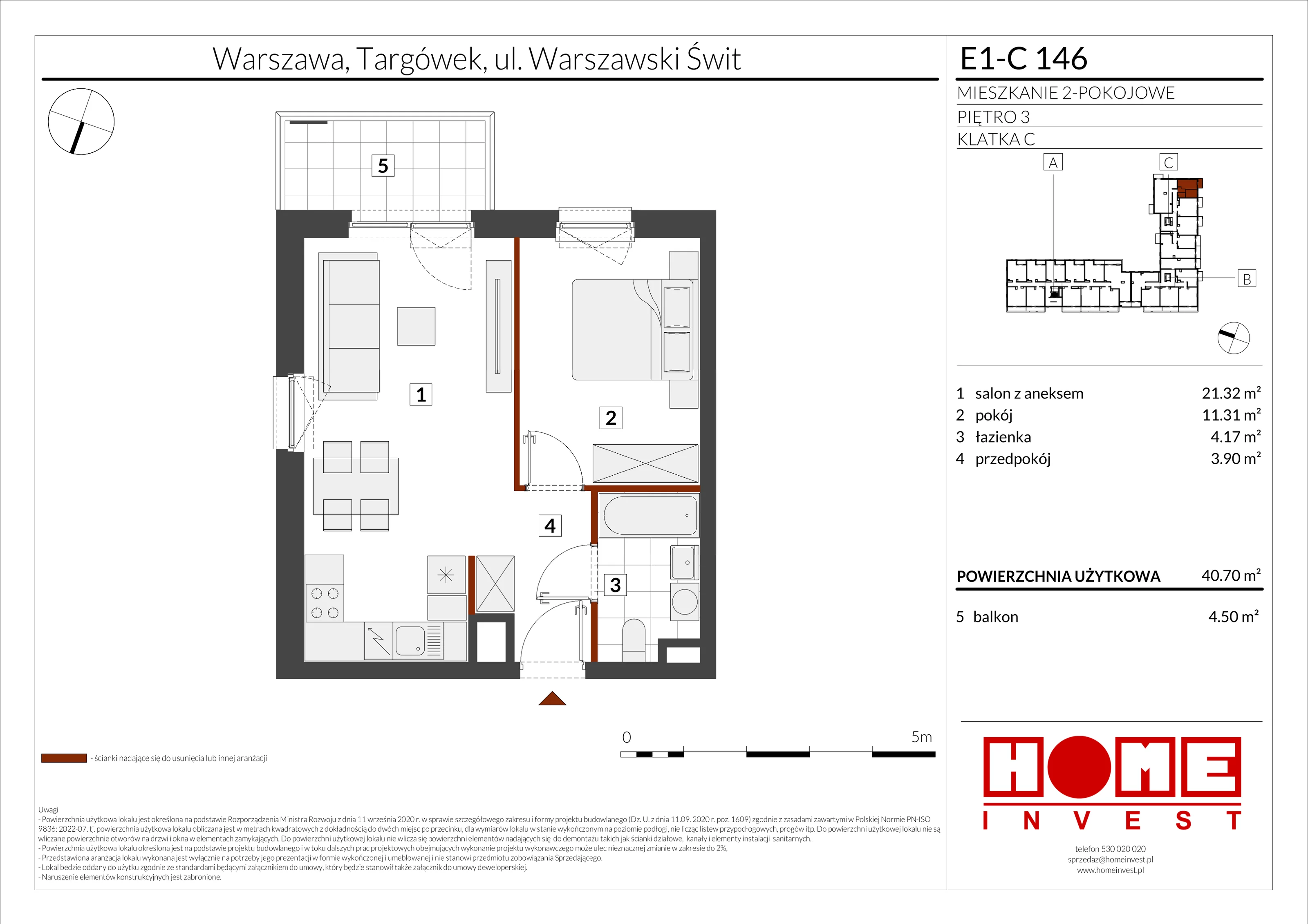 2 pokoje, mieszkanie 40,70 m², piętro 3, oferta nr E1-C146, Warszawski Świt Etap X, Warszawa, Targówek, Bródno, ul. Warszawski Świt