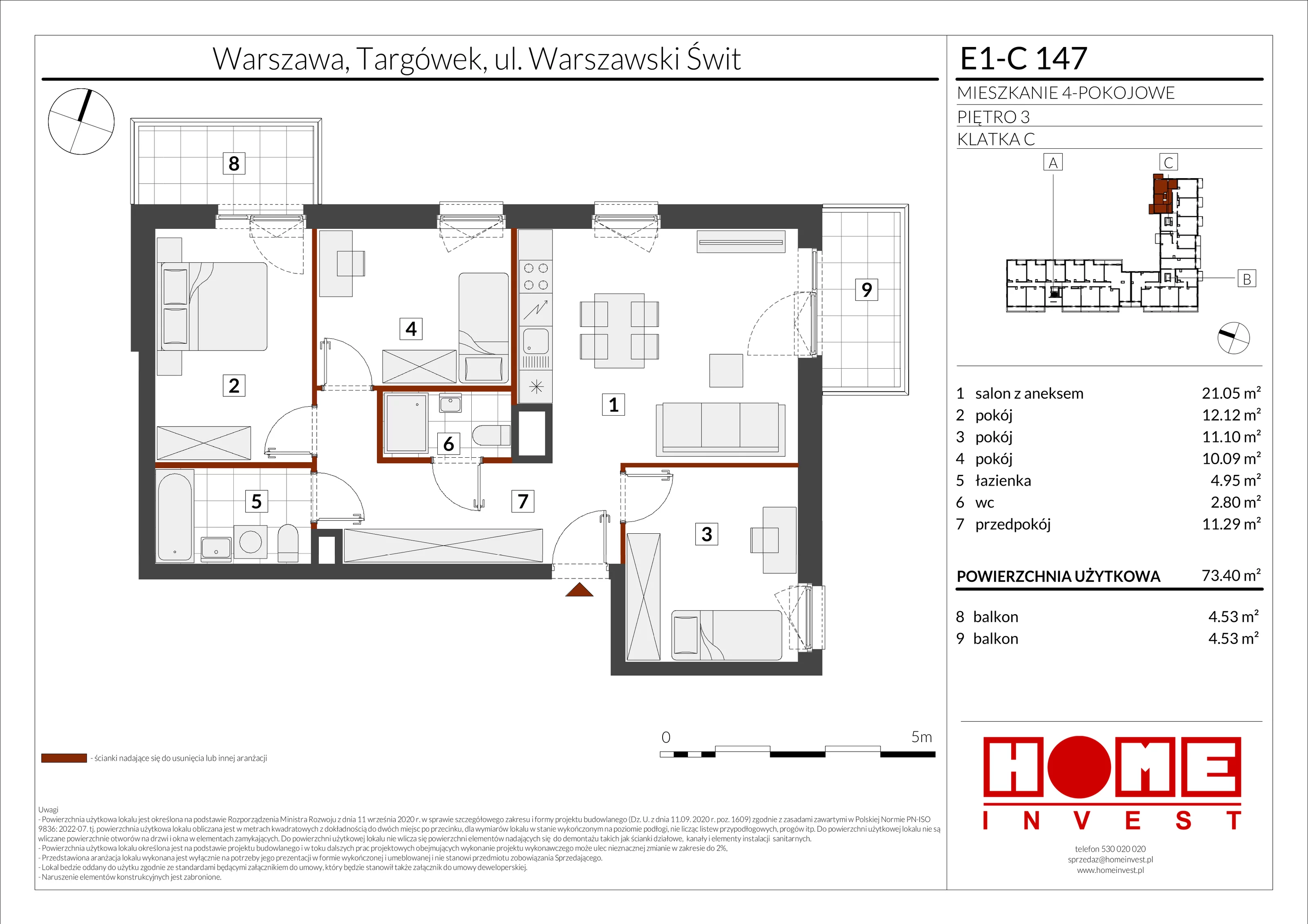 4 pokoje, mieszkanie 73,40 m², piętro 3, oferta nr E1-C147, Warszawski Świt Etap X, Warszawa, Targówek, Bródno, ul. Warszawski Świt