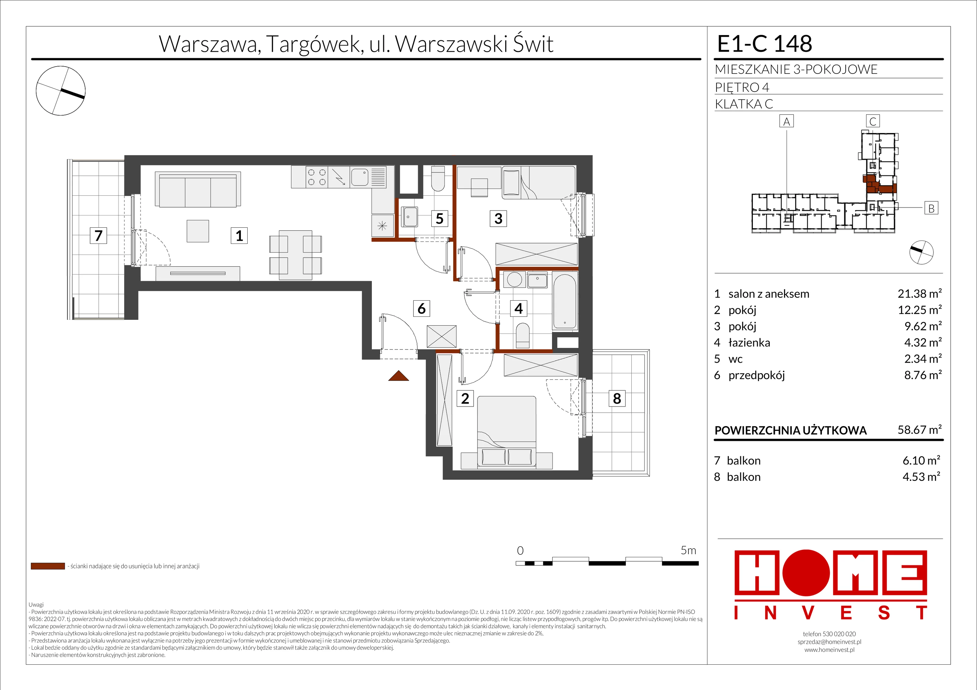 3 pokoje, mieszkanie 58,67 m², piętro 4, oferta nr E1-C148, Warszawski Świt Etap X, Warszawa, Targówek, Bródno, ul. Warszawski Świt