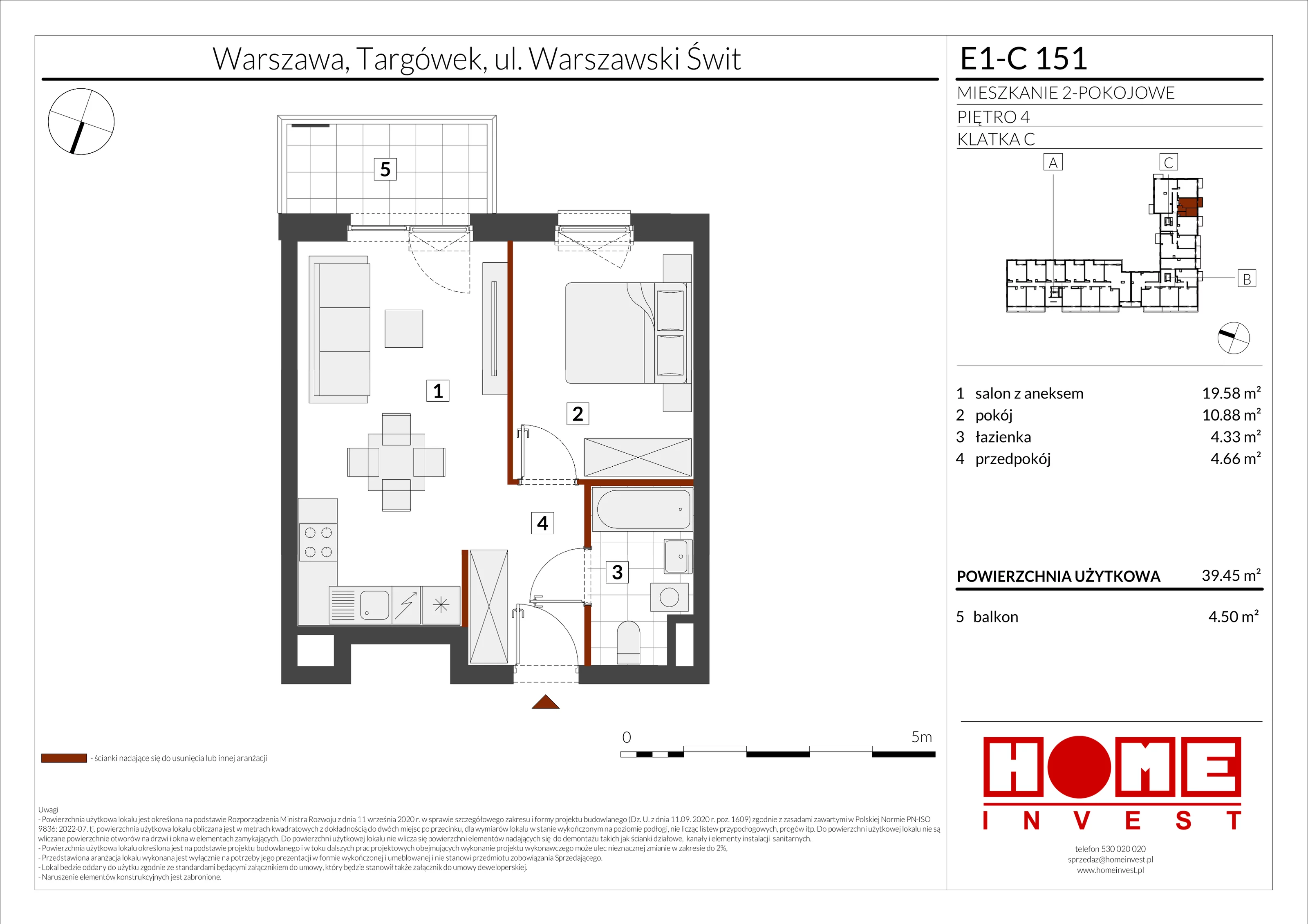 2 pokoje, mieszkanie 39,45 m², piętro 4, oferta nr E1-C151, Warszawski Świt Etap X, Warszawa, Targówek, Bródno, ul. Warszawski Świt