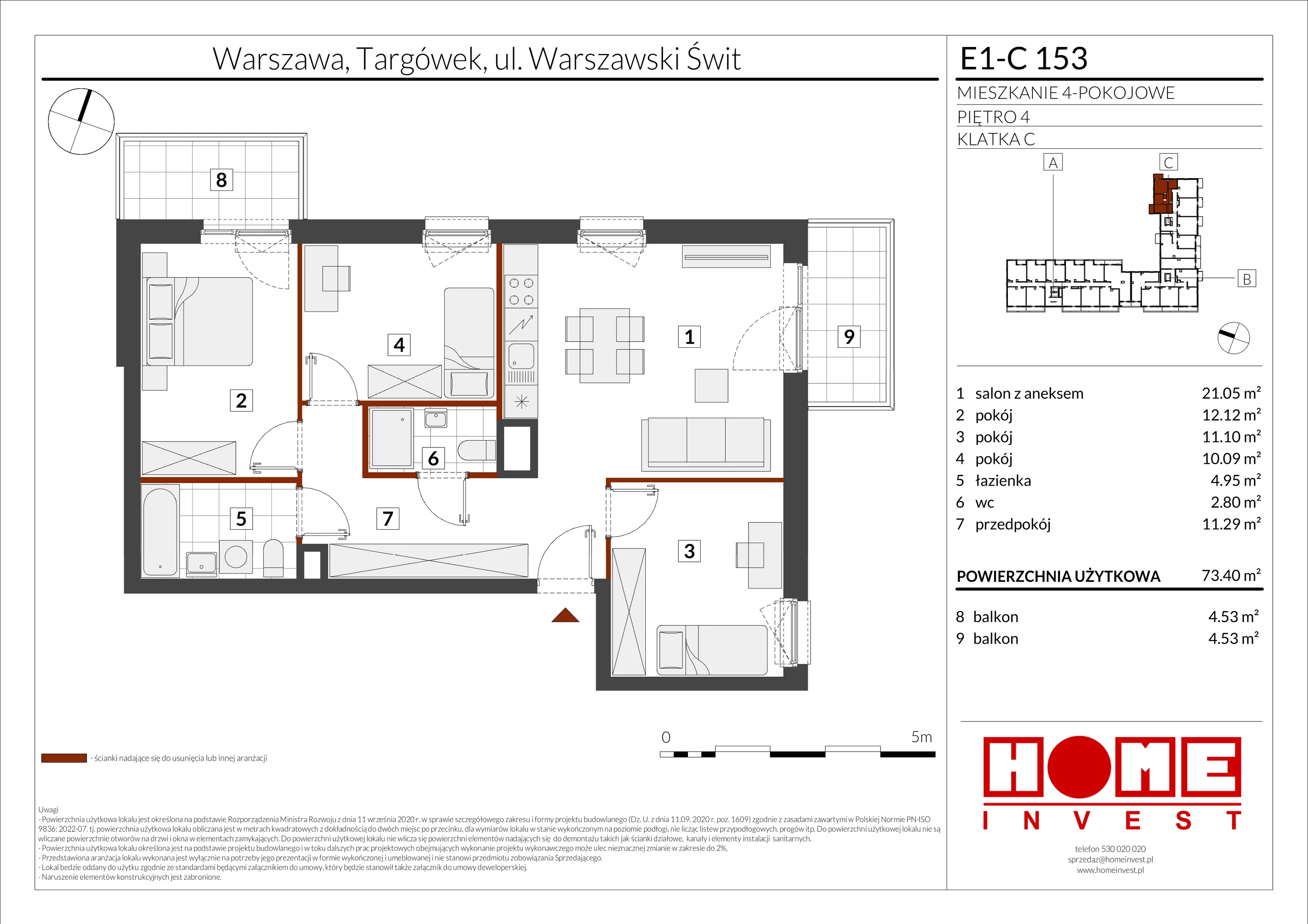 4 pokoje, mieszkanie 73,40 m², piętro 4, oferta nr E1-C153, Warszawski Świt Etap X, Warszawa, Targówek, Bródno, ul. Warszawski Świt