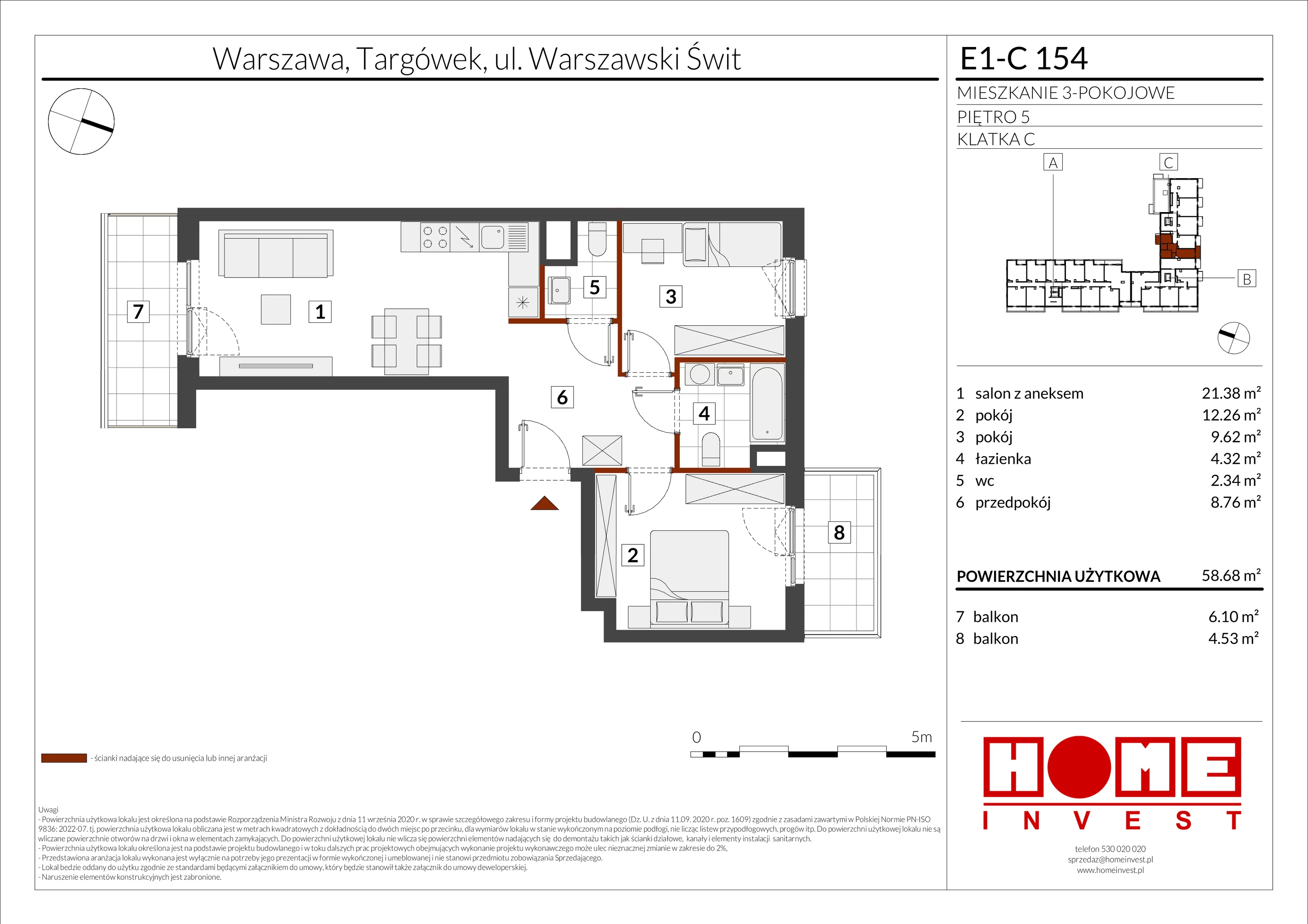 3 pokoje, mieszkanie 58,68 m², piętro 5, oferta nr E1-C154, Warszawski Świt Etap X, Warszawa, Targówek, Bródno, ul. Warszawski Świt