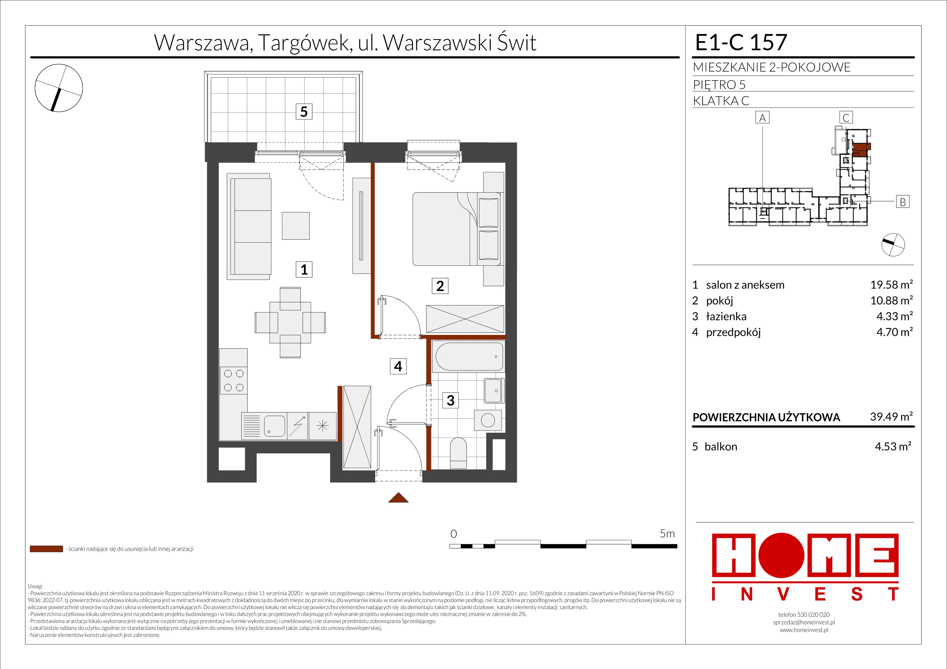 2 pokoje, mieszkanie 39,49 m², piętro 5, oferta nr E1-C157, Warszawski Świt Etap X, Warszawa, Targówek, Bródno, ul. Warszawski Świt