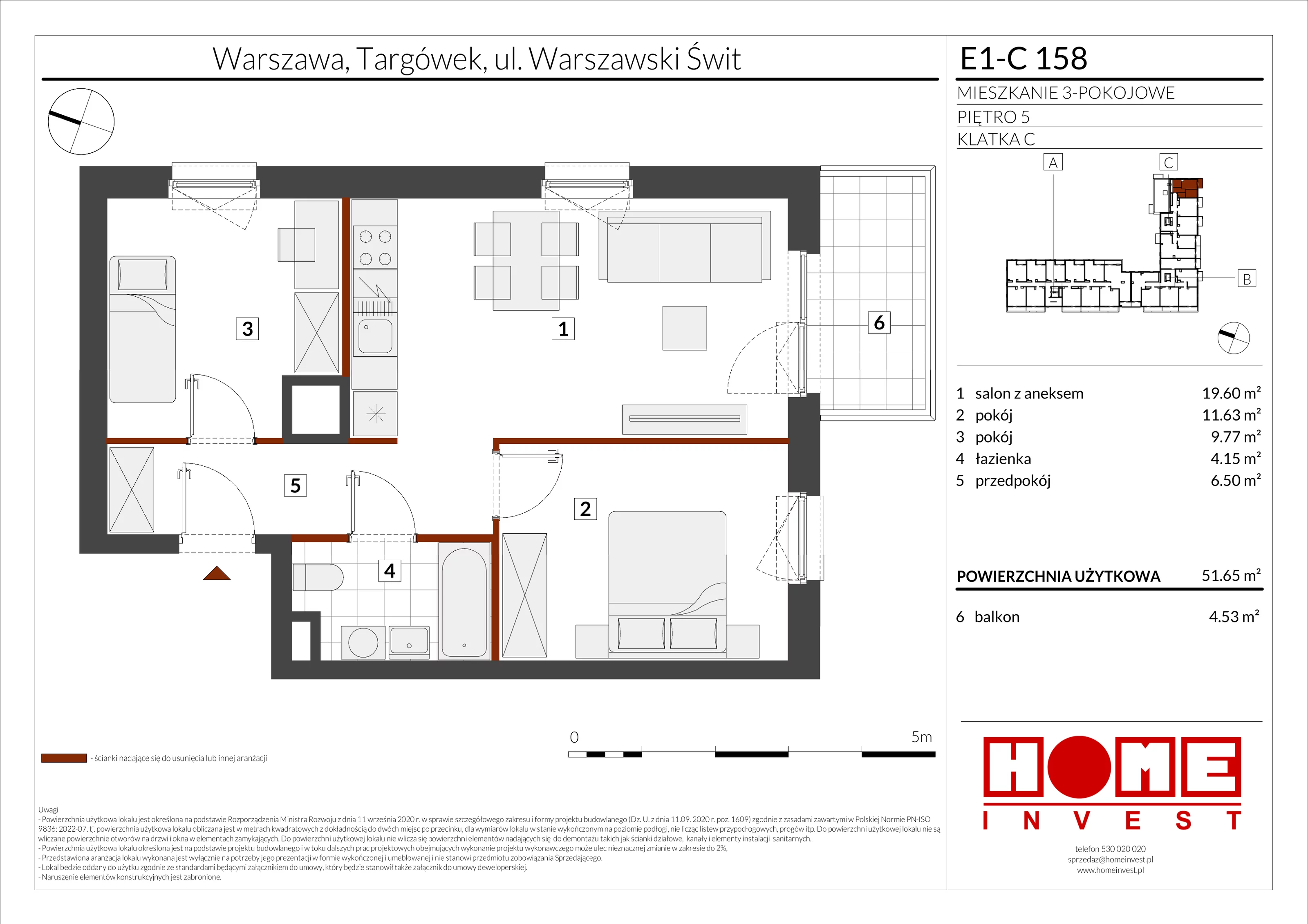 3 pokoje, mieszkanie 51,65 m², piętro 5, oferta nr E1-C158, Warszawski Świt Etap X, Warszawa, Targówek, Bródno, ul. Warszawski Świt