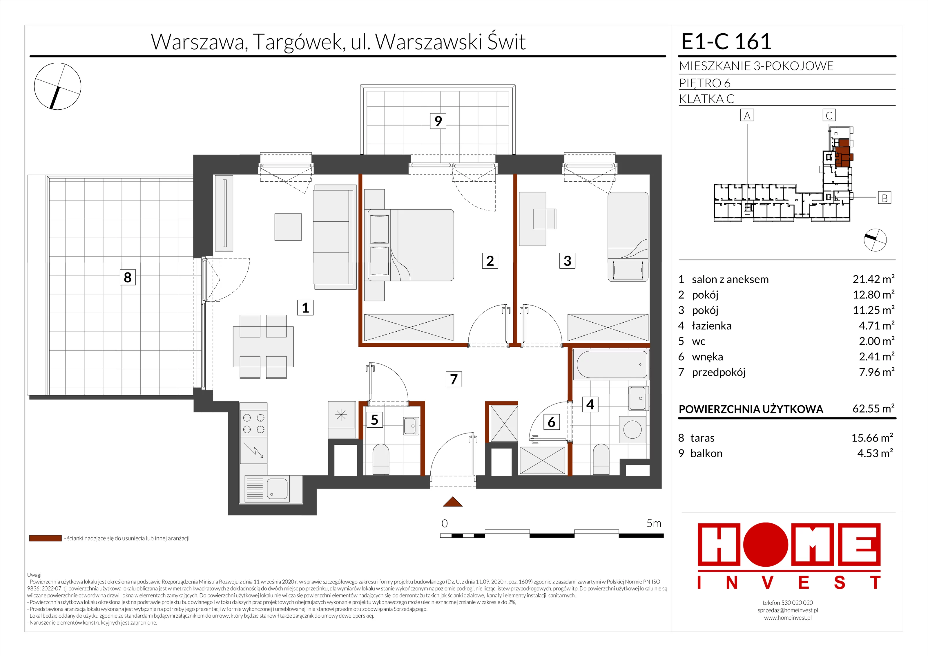 3 pokoje, mieszkanie 62,55 m², piętro 6, oferta nr E1-C161, Warszawski Świt Etap X, Warszawa, Targówek, Bródno, ul. Warszawski Świt