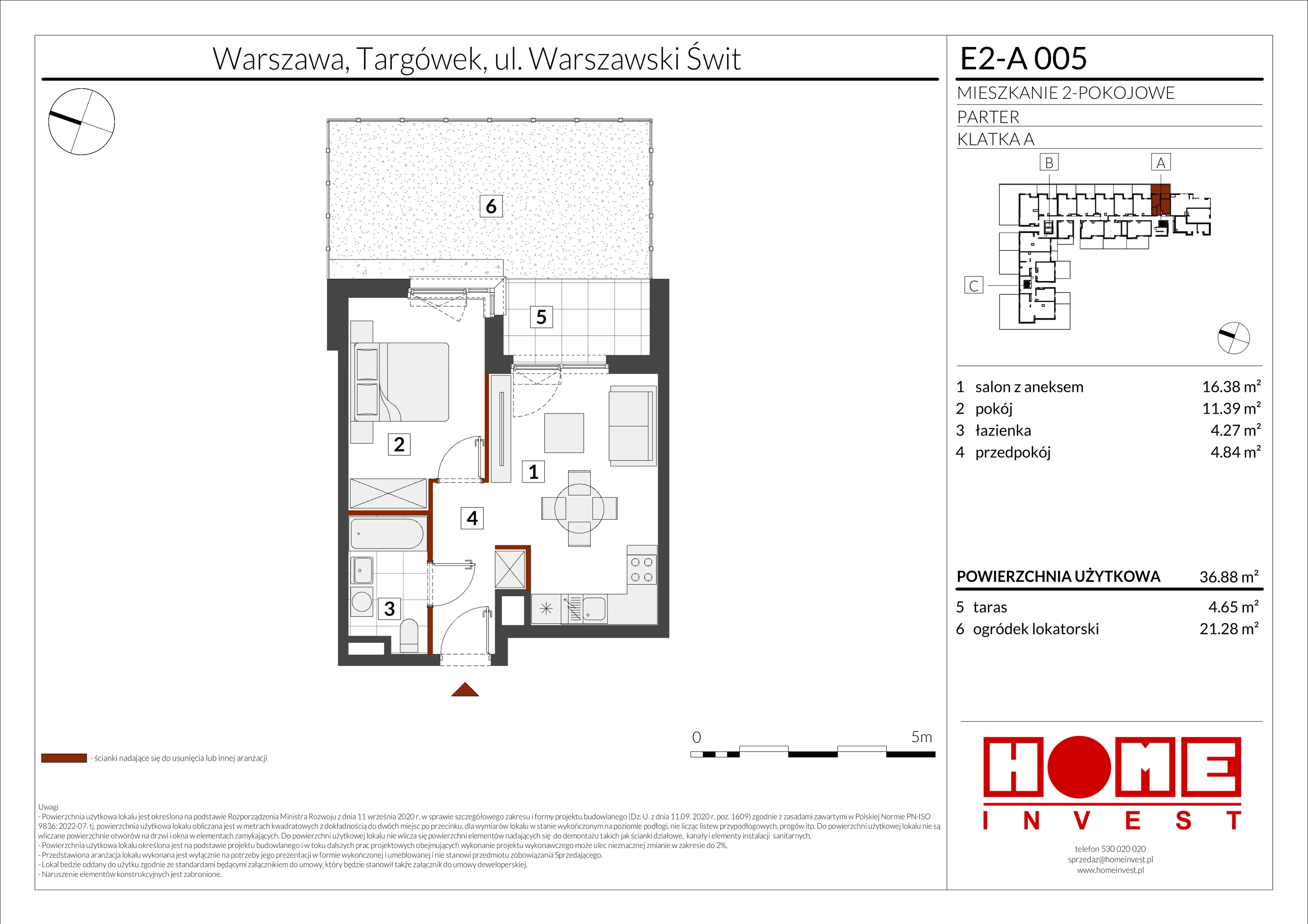 2 pokoje, mieszkanie 36,88 m², parter, oferta nr E2-A005, Warszawski Świt Etap XI, Warszawa, Targówek, Bródno, ul. Warszawski Świt
