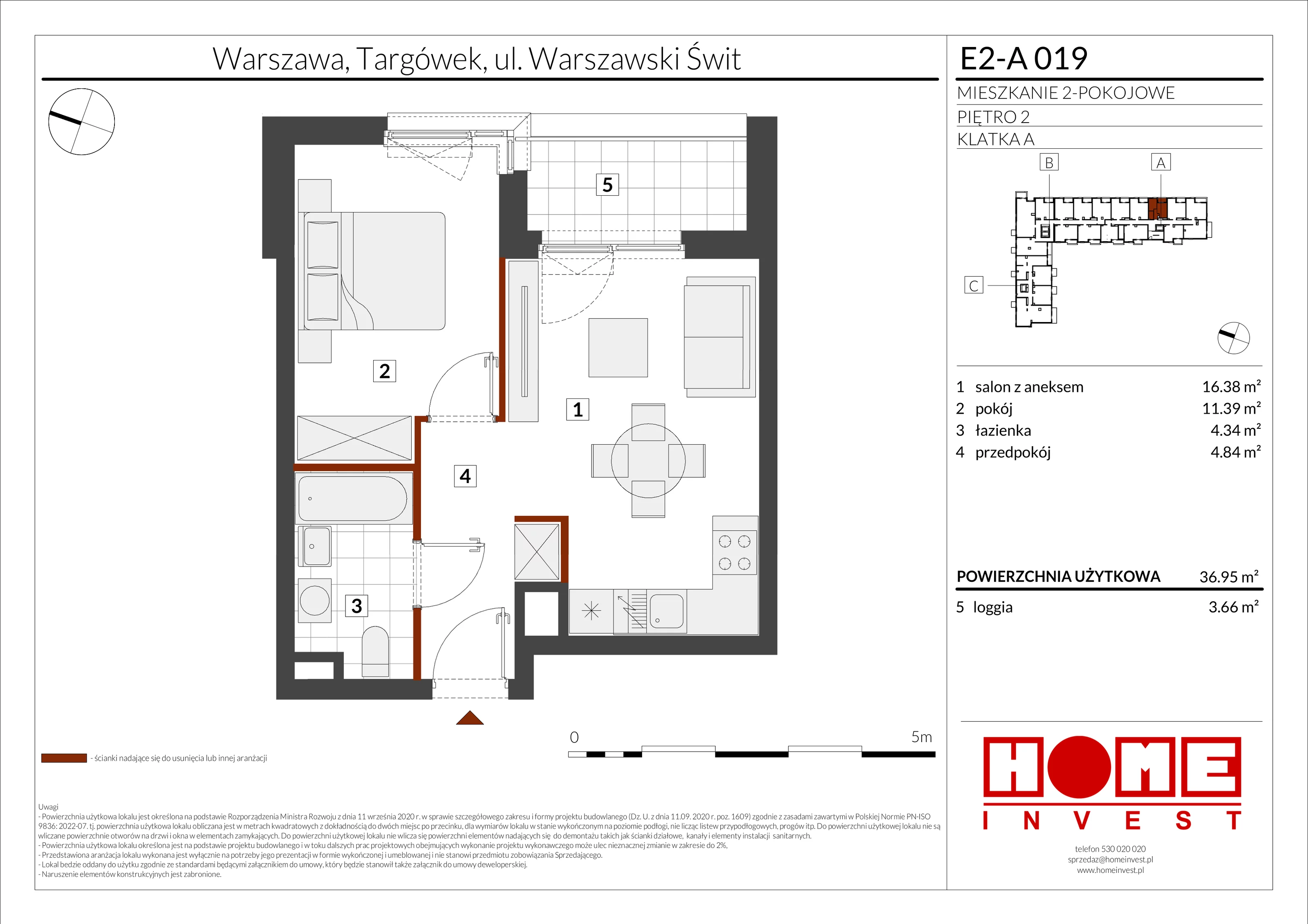 2 pokoje, mieszkanie 36,95 m², piętro 2, oferta nr E2-A019, Warszawski Świt Etap XI, Warszawa, Targówek, Bródno, ul. Warszawski Świt