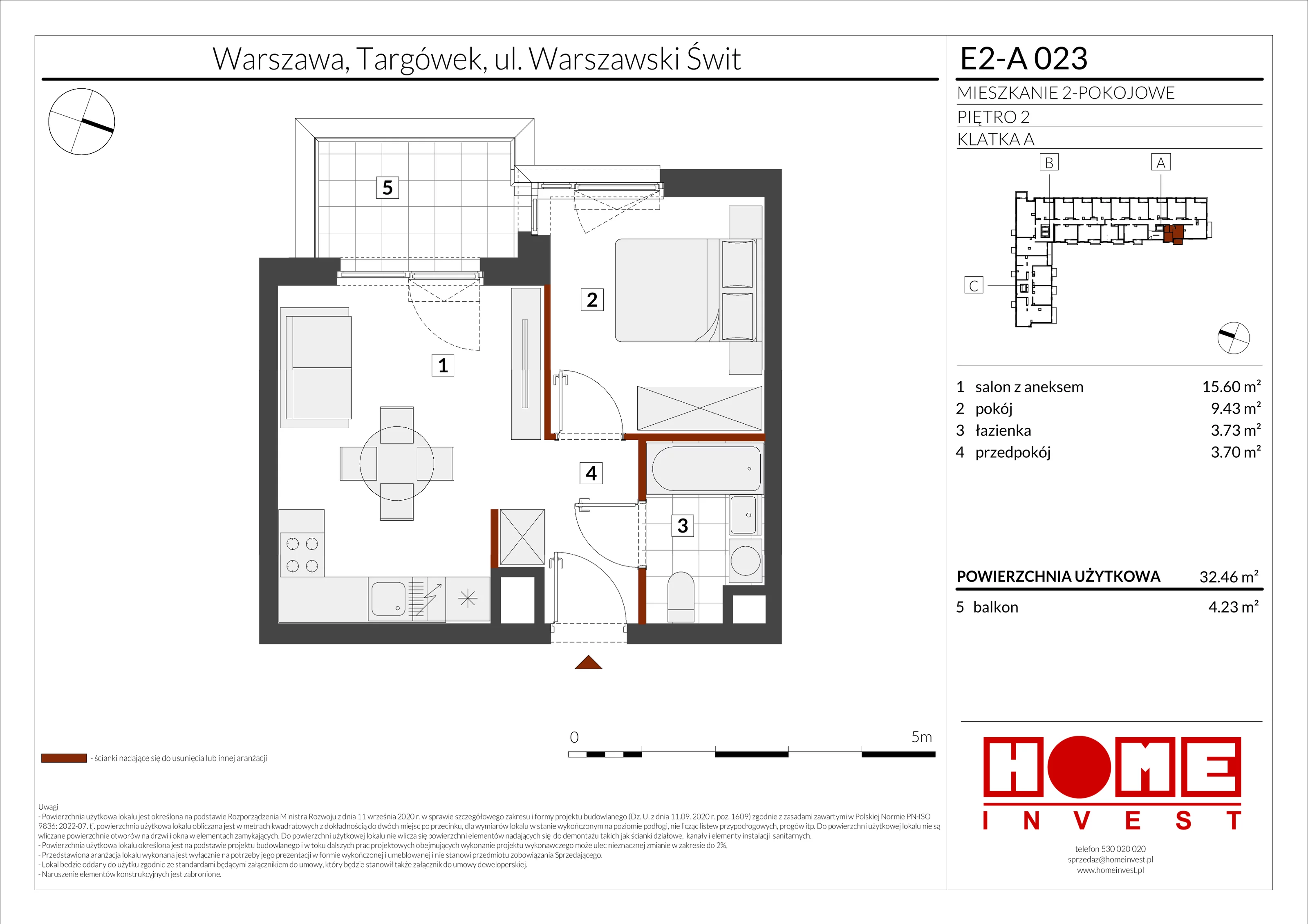 2 pokoje, mieszkanie 32,46 m², piętro 2, oferta nr E2-A023, Warszawski Świt Etap XI, Warszawa, Targówek, Bródno, ul. Warszawski Świt