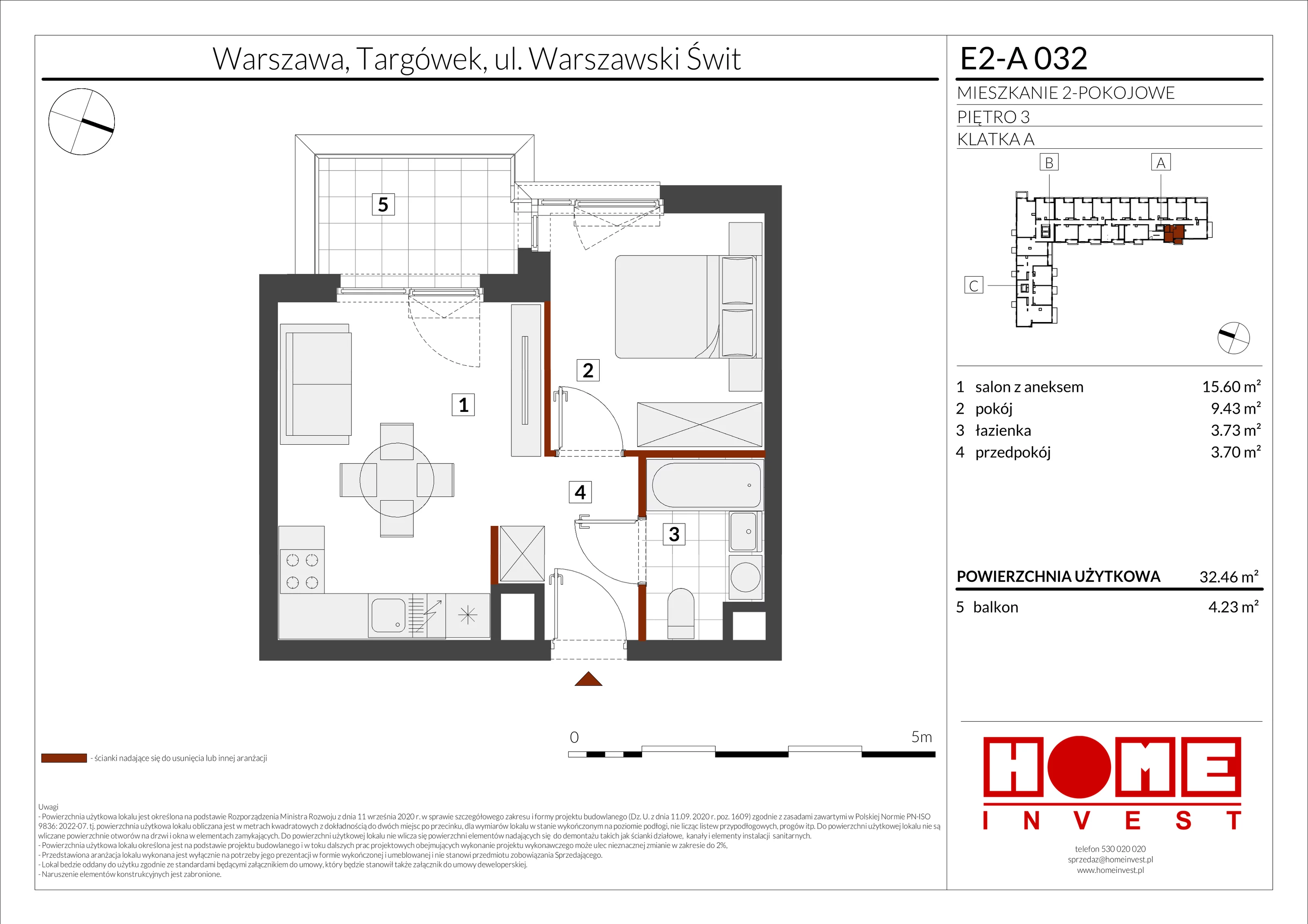 2 pokoje, mieszkanie 32,46 m², piętro 3, oferta nr E2-A032, Warszawski Świt Etap XI, Warszawa, Targówek, Bródno, ul. Warszawski Świt