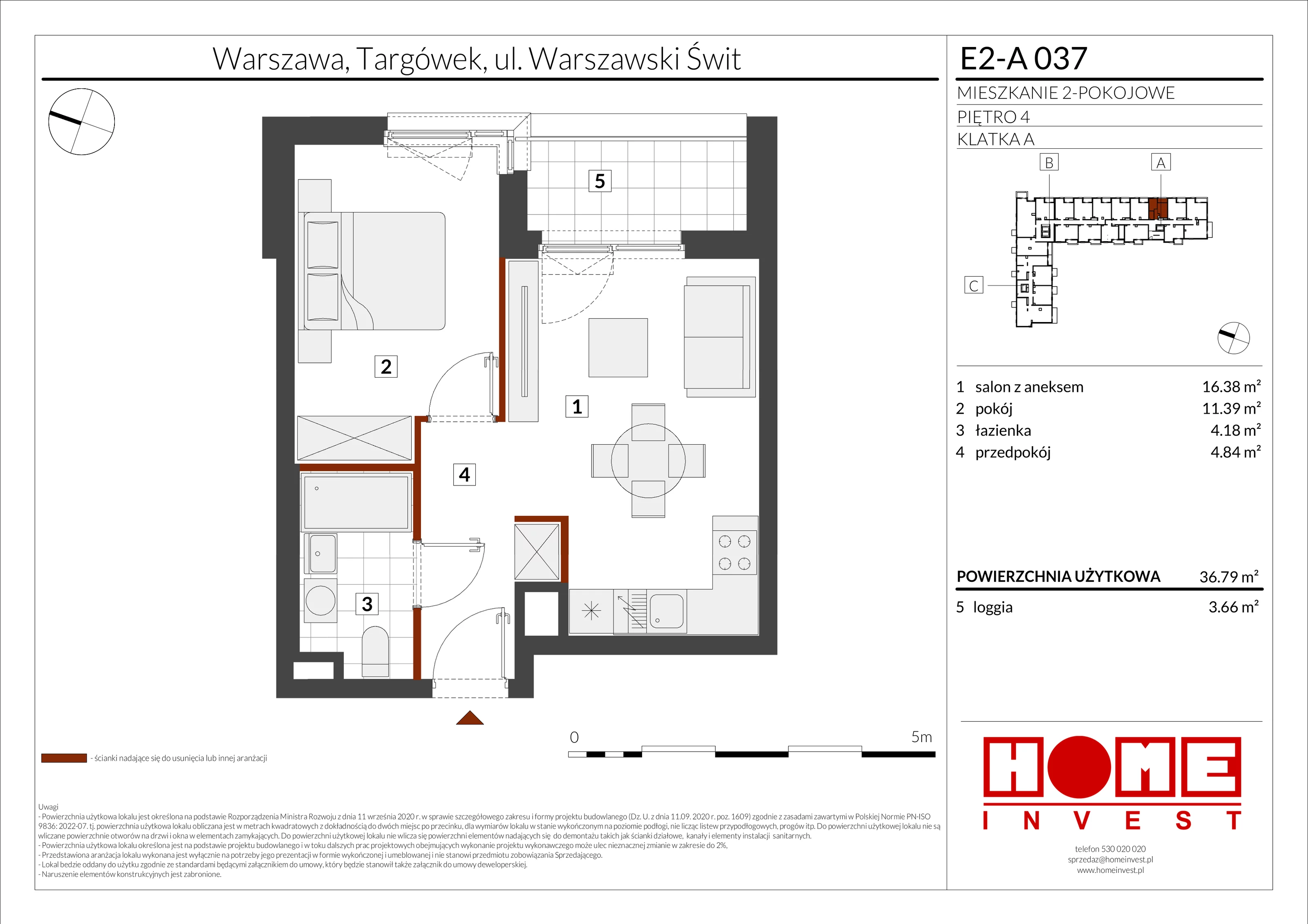 2 pokoje, mieszkanie 36,79 m², piętro 4, oferta nr E2-A037, Warszawski Świt Etap XI, Warszawa, Targówek, Bródno, ul. Warszawski Świt