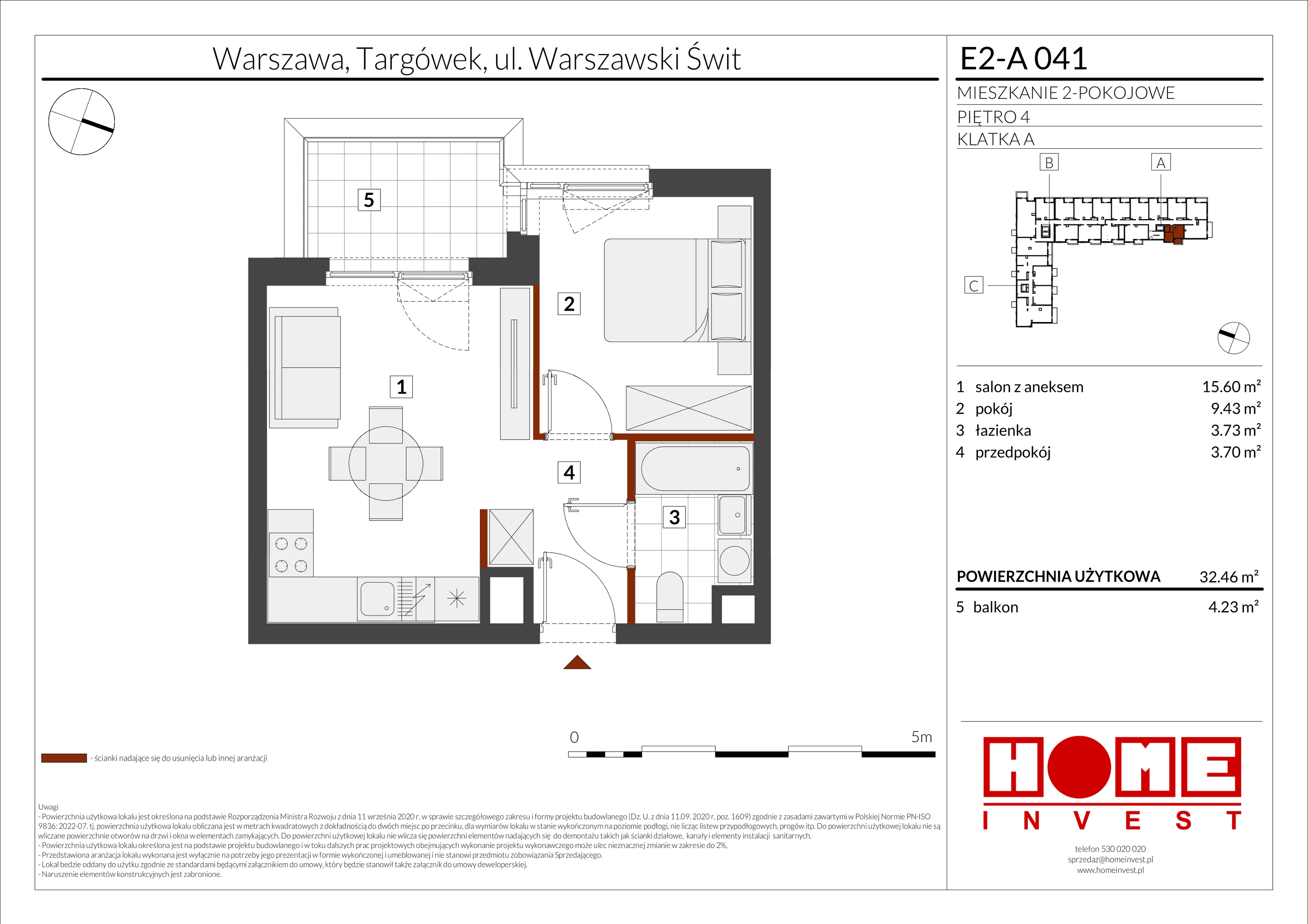 2 pokoje, mieszkanie 32,46 m², piętro 4, oferta nr E2-A041, Warszawski Świt Etap XI, Warszawa, Targówek, Bródno, ul. Warszawski Świt