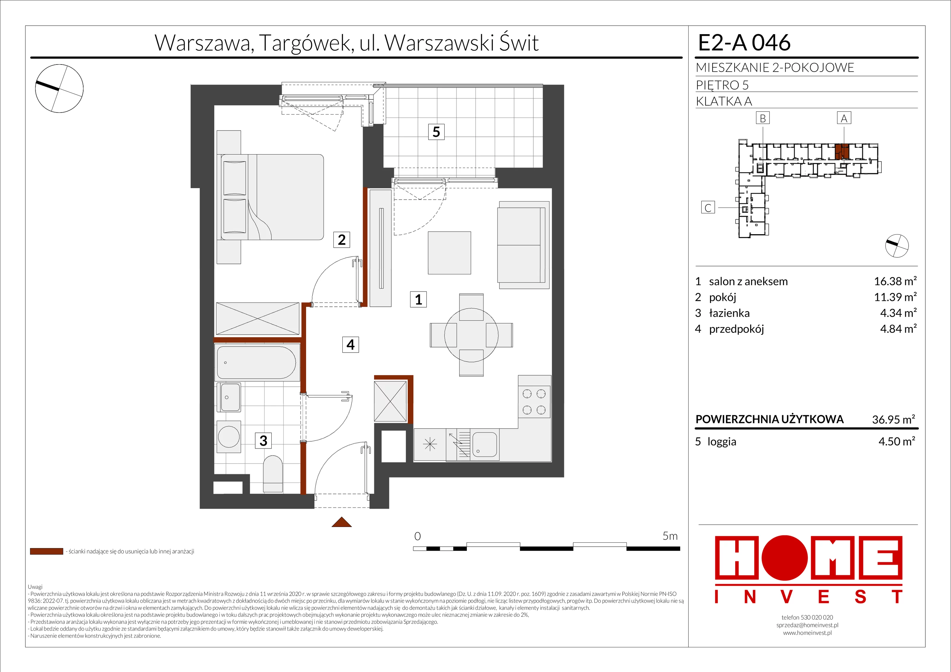 2 pokoje, mieszkanie 36,95 m², piętro 5, oferta nr E2-A046, Warszawski Świt Etap XI, Warszawa, Targówek, Bródno, ul. Warszawski Świt
