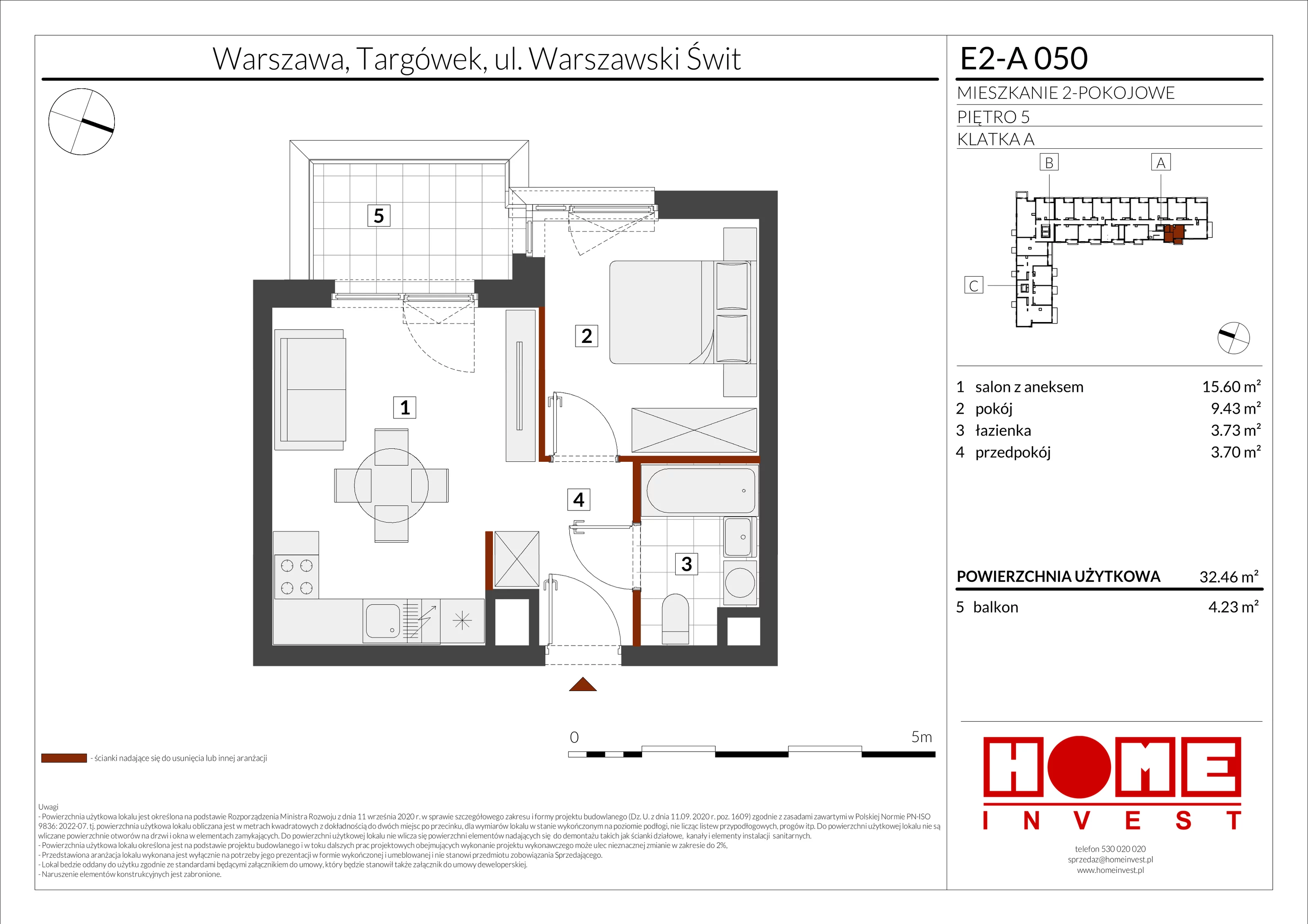 2 pokoje, mieszkanie 32,46 m², piętro 5, oferta nr E2-A050, Warszawski Świt Etap XI, Warszawa, Targówek, Bródno, ul. Warszawski Świt