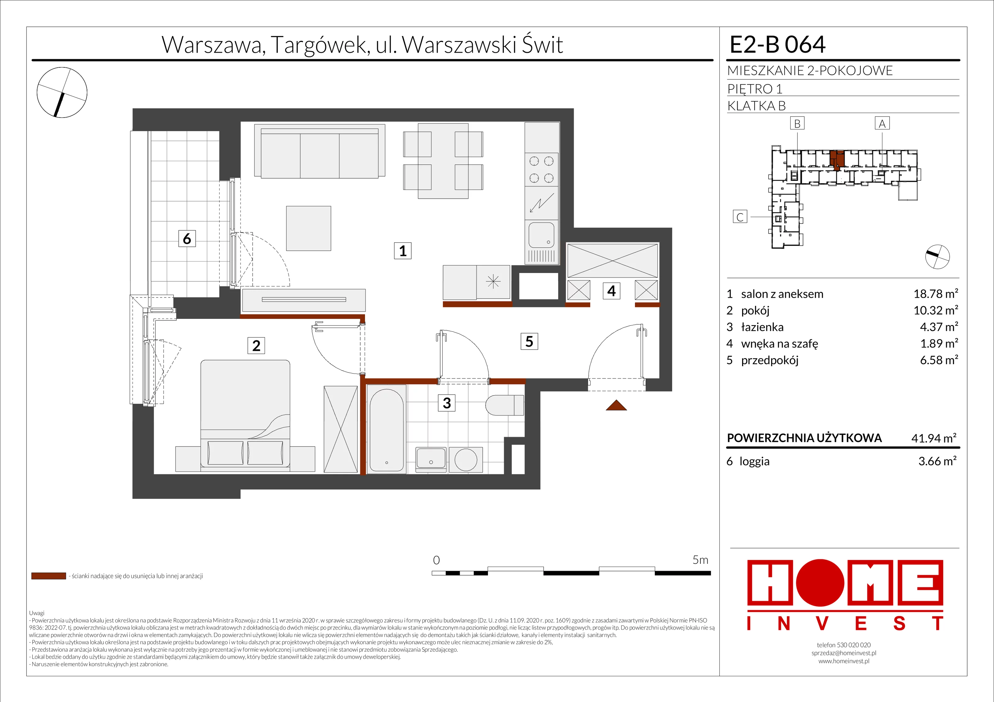 2 pokoje, mieszkanie 41,94 m², piętro 1, oferta nr E2-B064, Warszawski Świt Etap XI, Warszawa, Targówek, Bródno, ul. Warszawski Świt