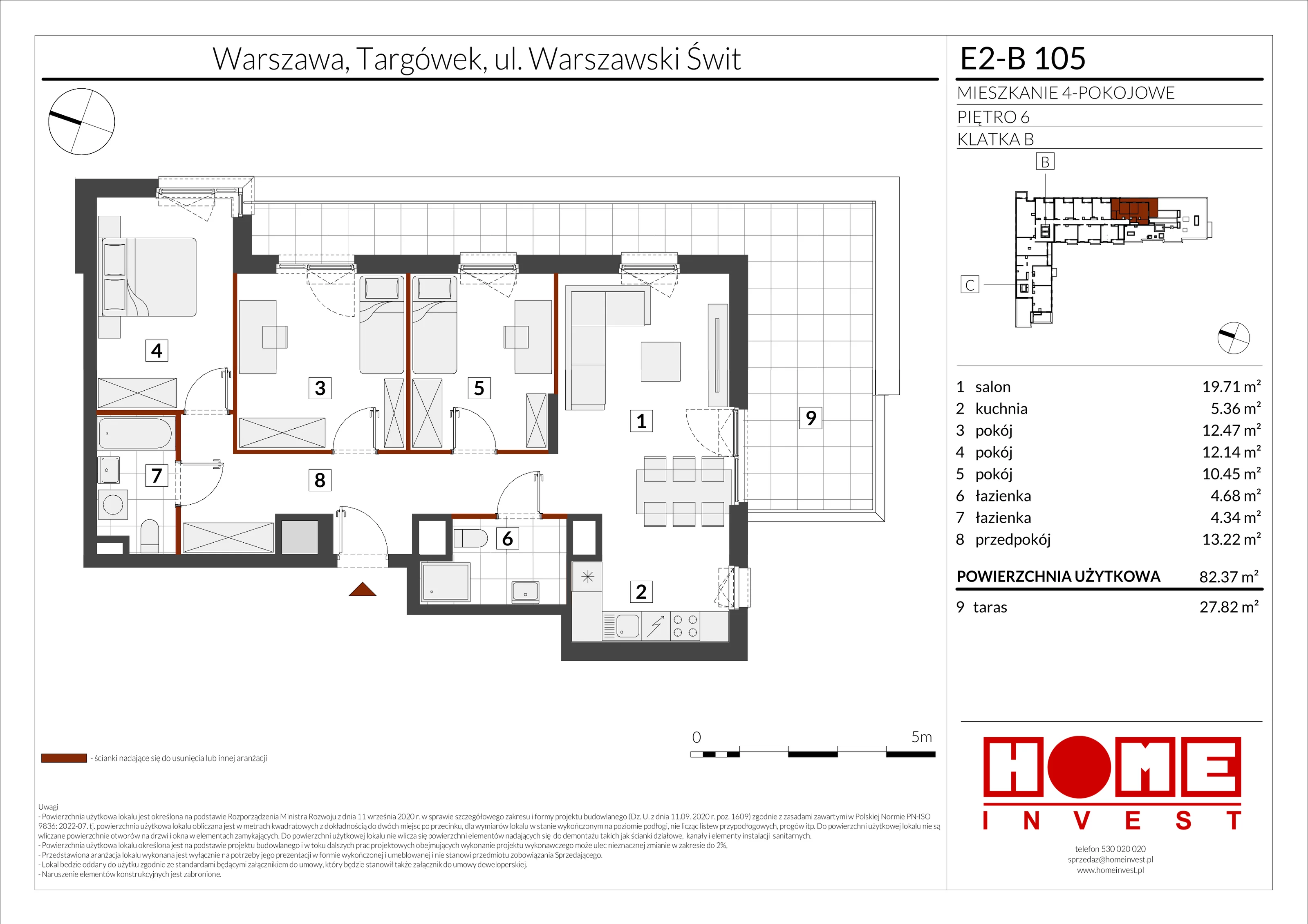 4 pokoje, mieszkanie 82,37 m², piętro 6, oferta nr E2-B105, Warszawski Świt Etap XI, Warszawa, Targówek, Bródno, ul. Warszawski Świt