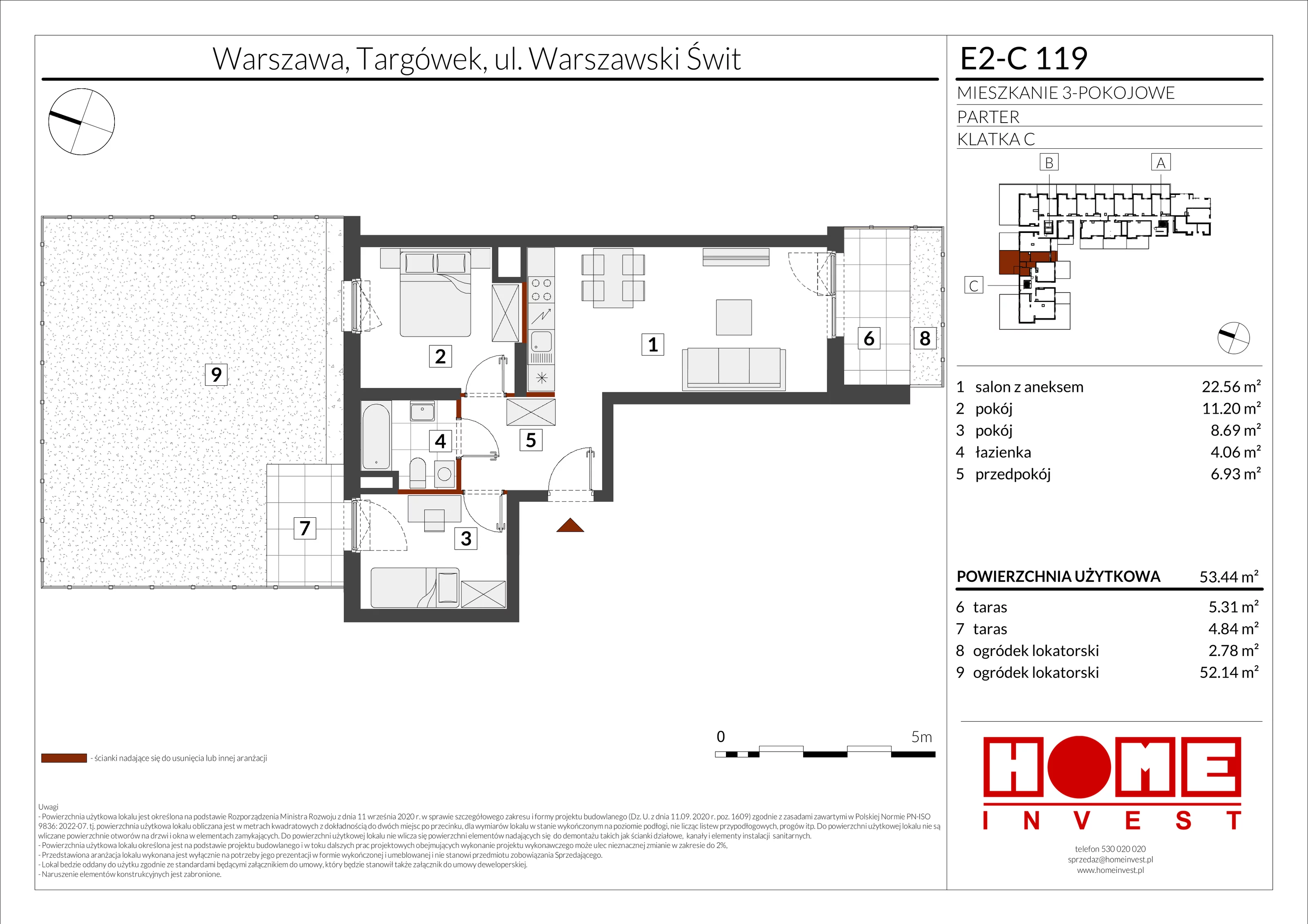 3 pokoje, mieszkanie 53,44 m², parter, oferta nr E2-C119, Warszawski Świt Etap XI, Warszawa, Targówek, Bródno, ul. Warszawski Świt