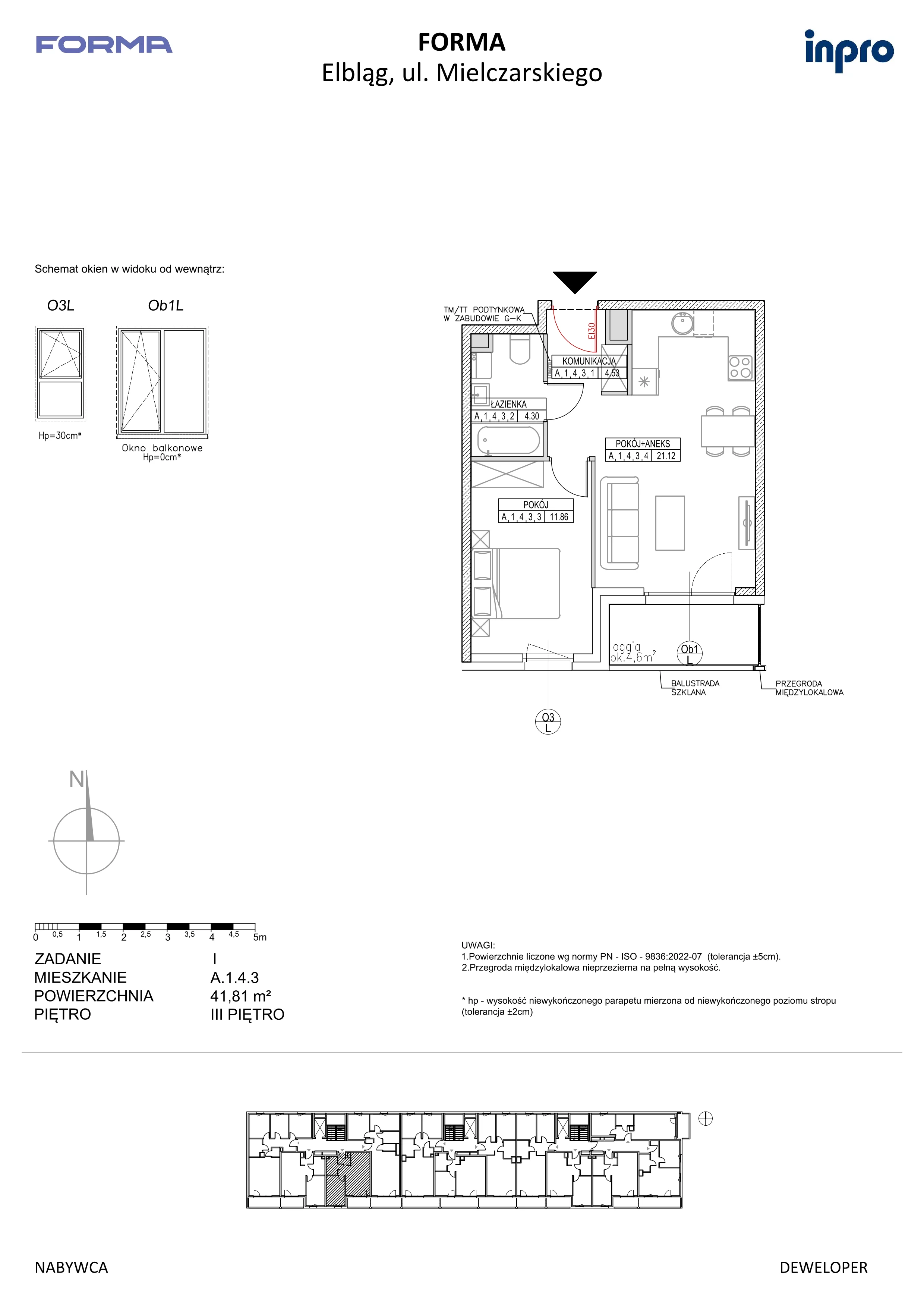 2 pokoje, mieszkanie 41,81 m², piętro 3, oferta nr A.1.4.3, FORMA, Elbląg, ul. Mielczarskiego