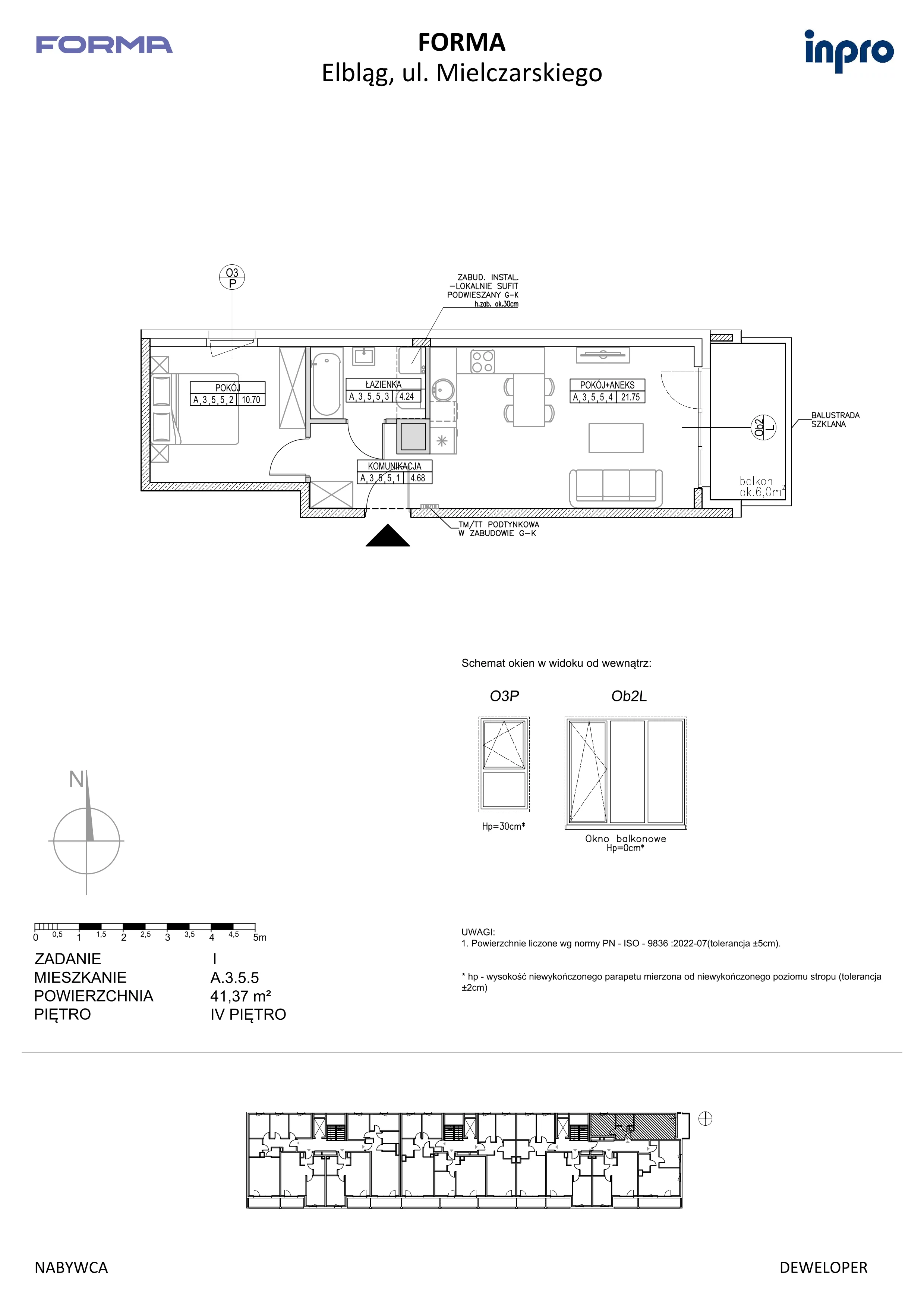 2 pokoje, mieszkanie 41,37 m², piętro 4, oferta nr A.3.5.5, FORMA, Elbląg, ul. Mielczarskiego