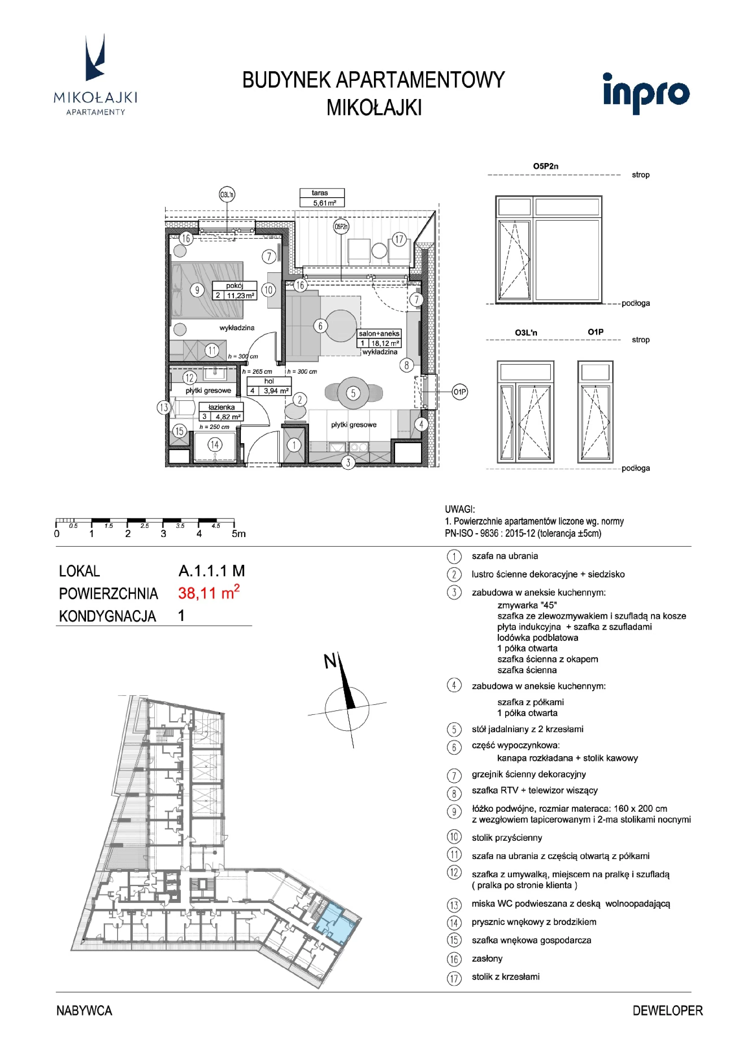 2 pokoje, mieszkanie 38,09 m², piętro 1, oferta nr A.1.1.1M, N11 Apartamenty Mikołajki, Mikołajki, ul. Spacerowa