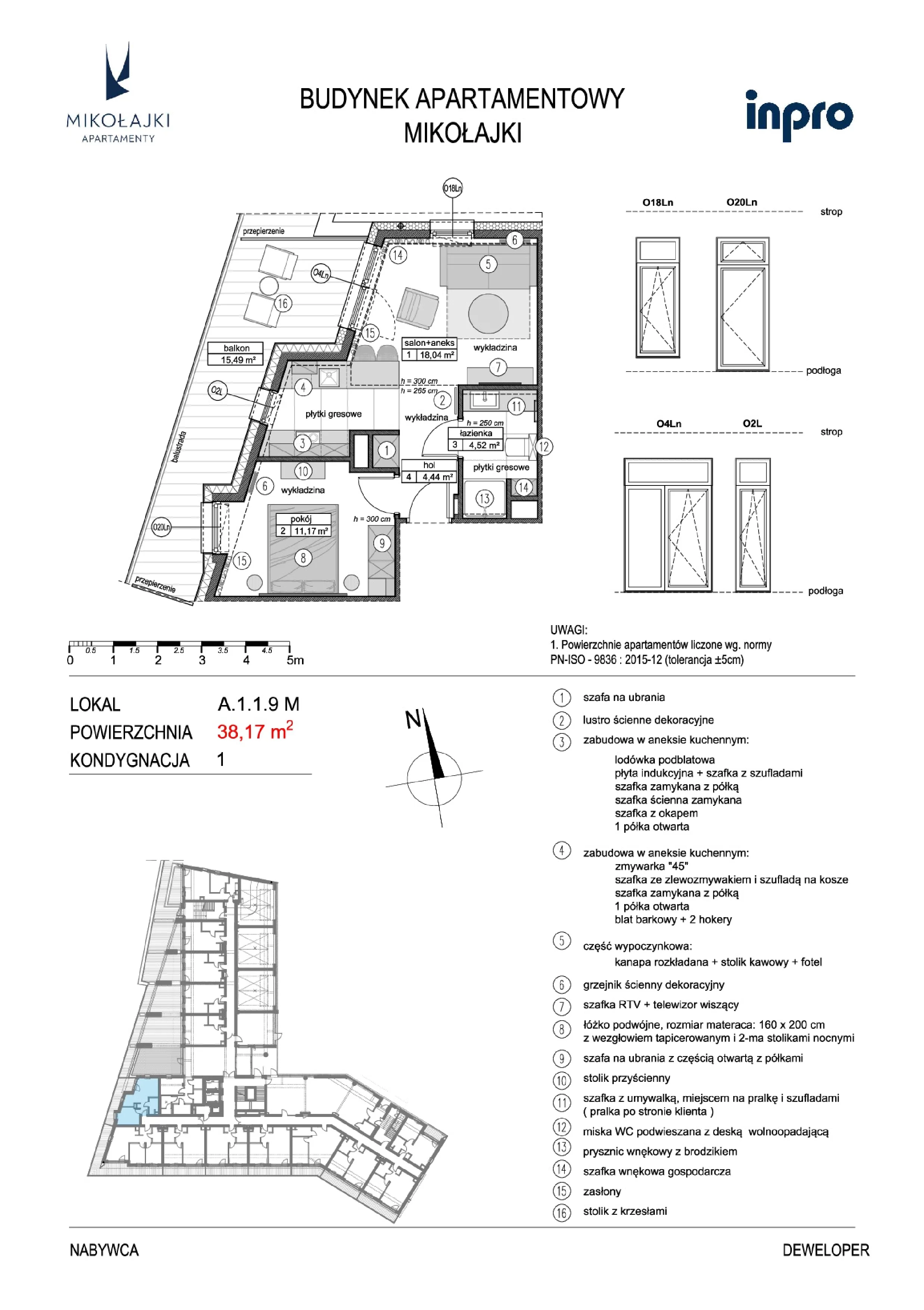 2 pokoje, mieszkanie 38,05 m², piętro 1, oferta nr A.1.1.9M, N11 Apartamenty Mikołajki, Mikołajki, ul. Spacerowa