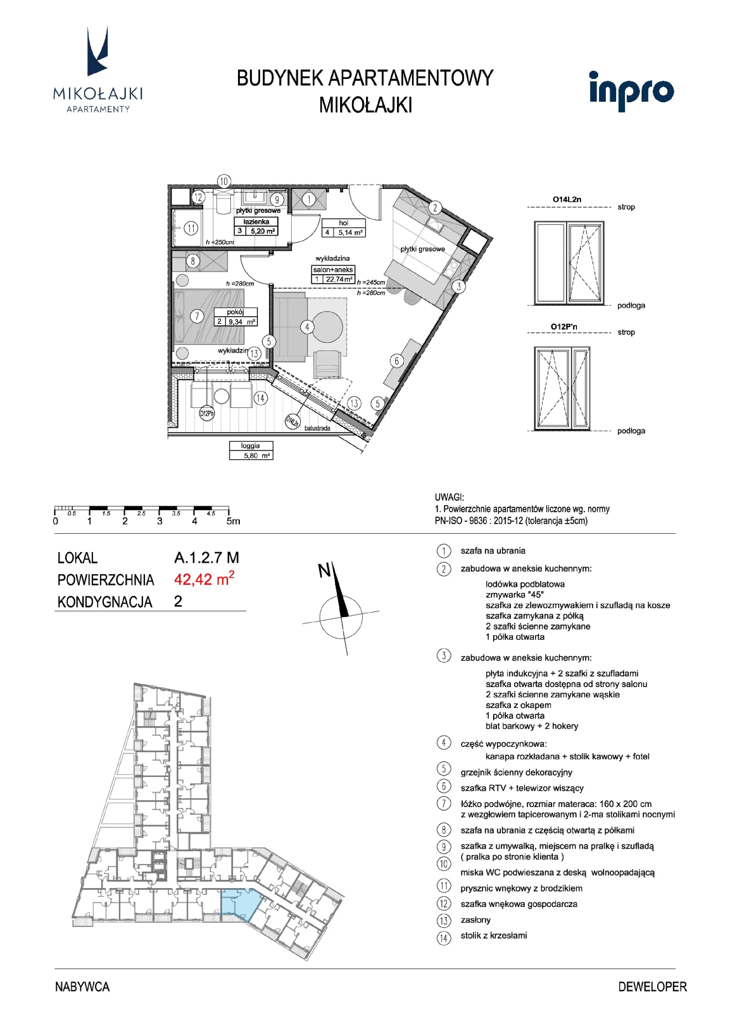 2 pokoje, mieszkanie 42,74 m², piętro 2, oferta nr A.1.2.7M, N11 Apartamenty Mikołajki, Mikołajki, ul. Spacerowa