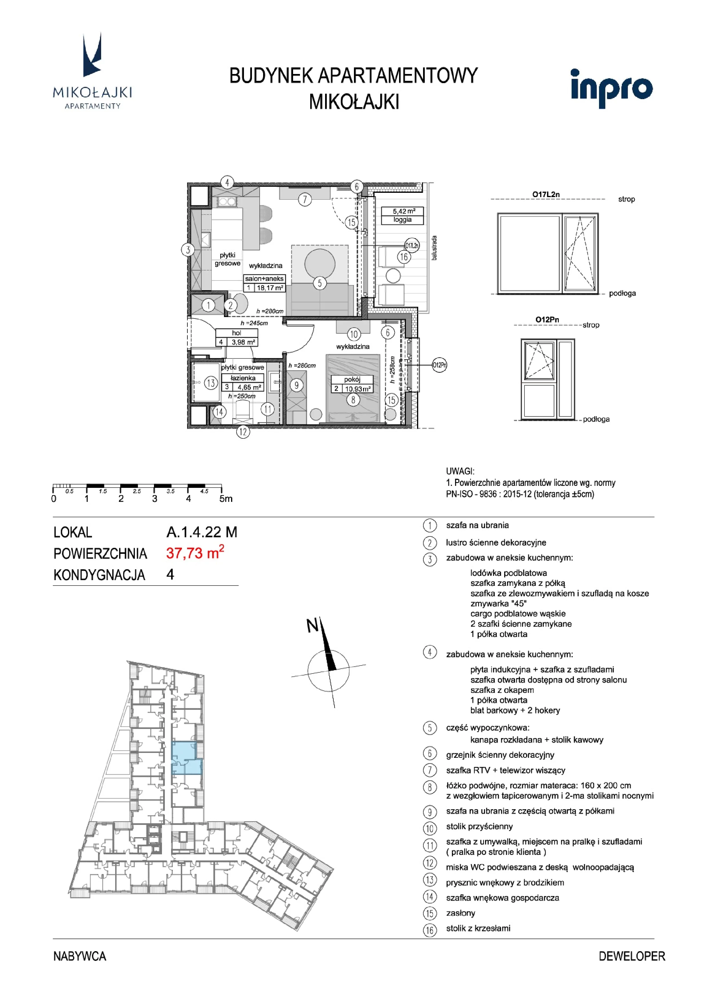 2 pokoje, mieszkanie 37,80 m², piętro 4, oferta nr A.1.4.22M, N11 Apartamenty Mikołajki, Mikołajki, ul. Spacerowa