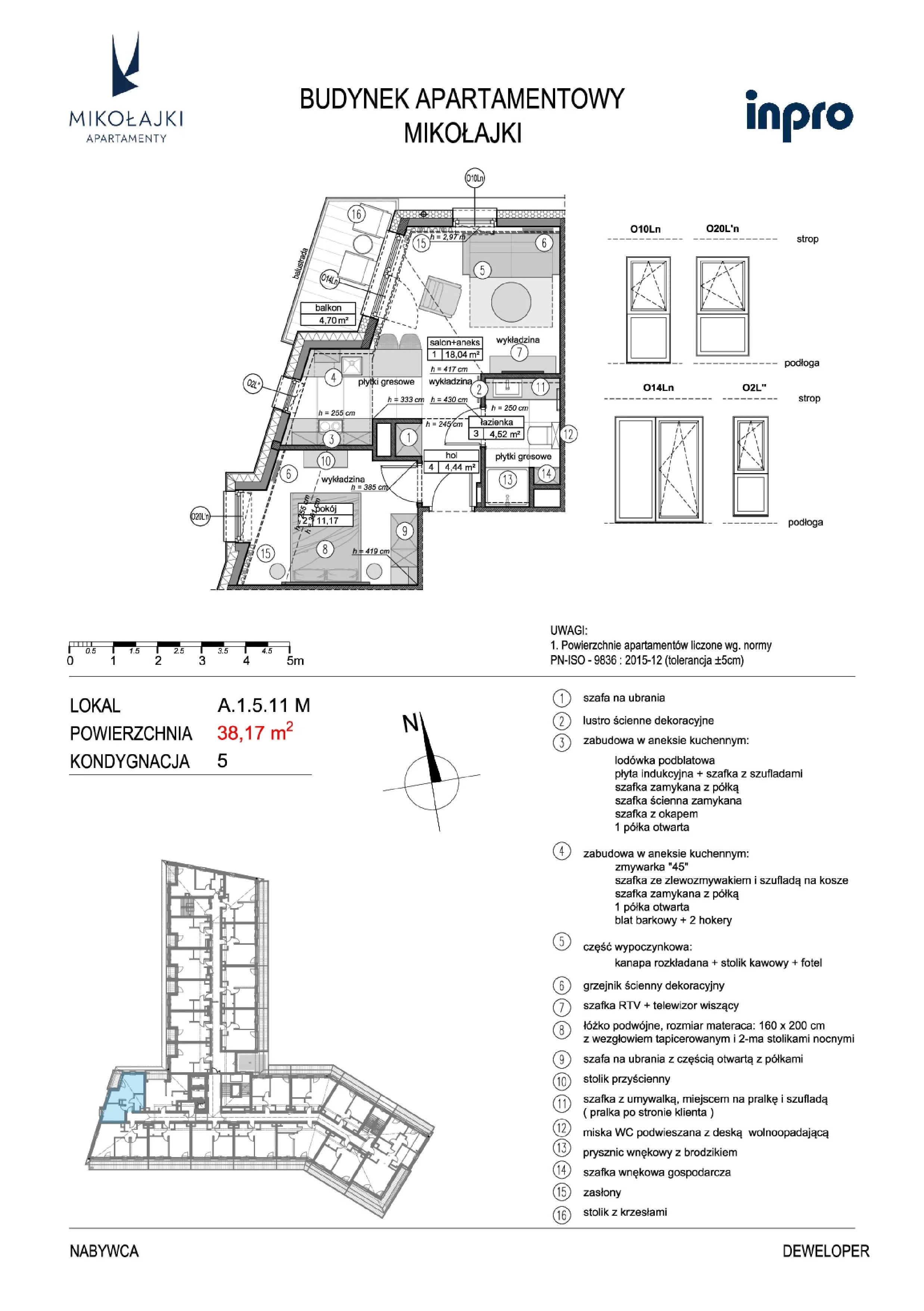 2 pokoje, mieszkanie 38,13 m², piętro 5, oferta nr A.1.5.11M, N11 Apartamenty Mikołajki, Mikołajki, ul. Spacerowa