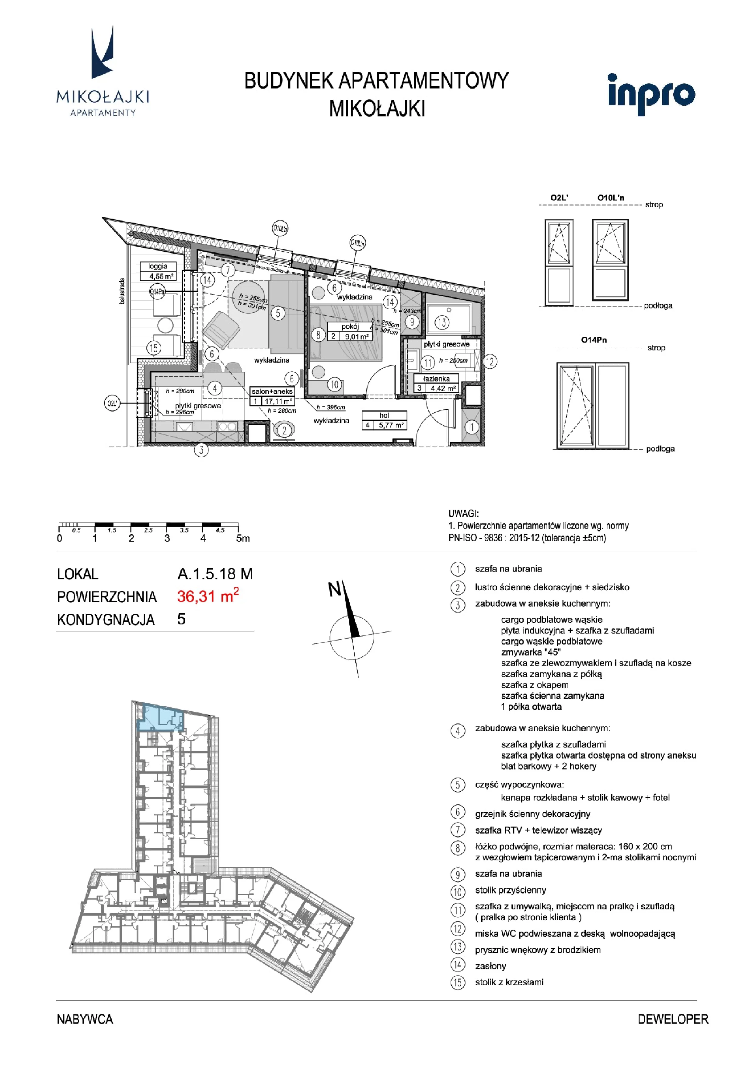 2 pokoje, mieszkanie 36,57 m², piętro 5, oferta nr A.1.5.18M, N11 Apartamenty Mikołajki, Mikołajki, ul. Spacerowa