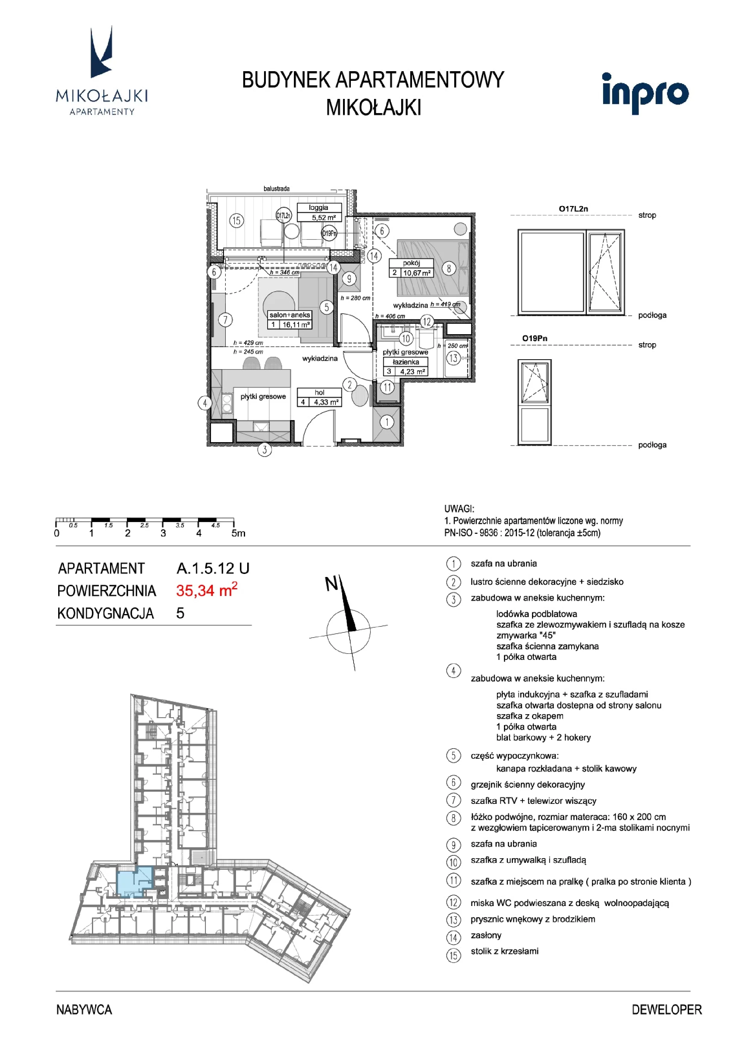 2 pokoje, apartament 35,24 m², piętro 5, oferta nr A.1.5.12U, N11 Apartamenty Mikołajki, Mikołajki, ul. Spacerowa