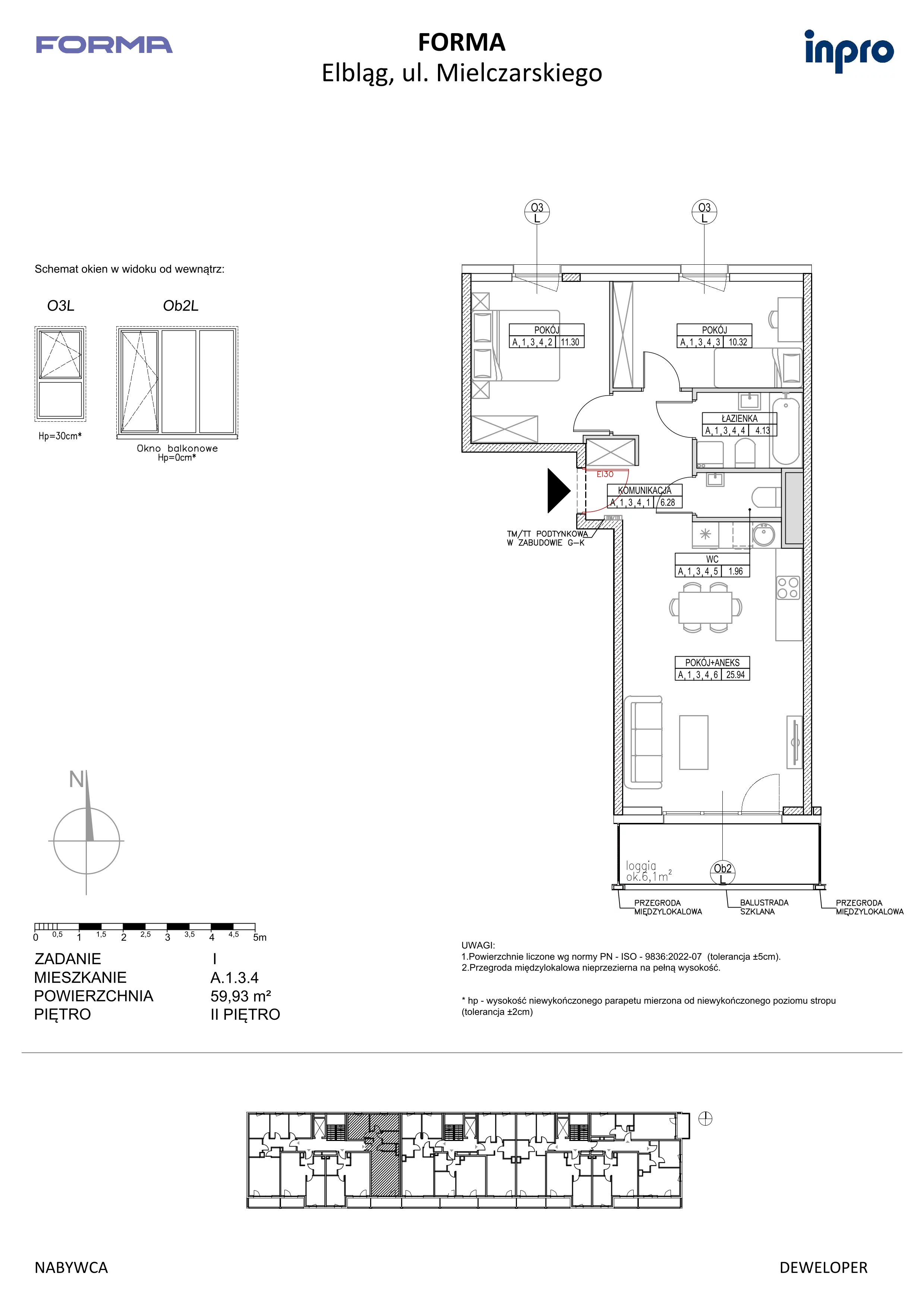 3 pokoje, mieszkanie 59,93 m², piętro 2, oferta nr A.1.3.4, FORMA, Elbląg, ul. Mielczarskiego