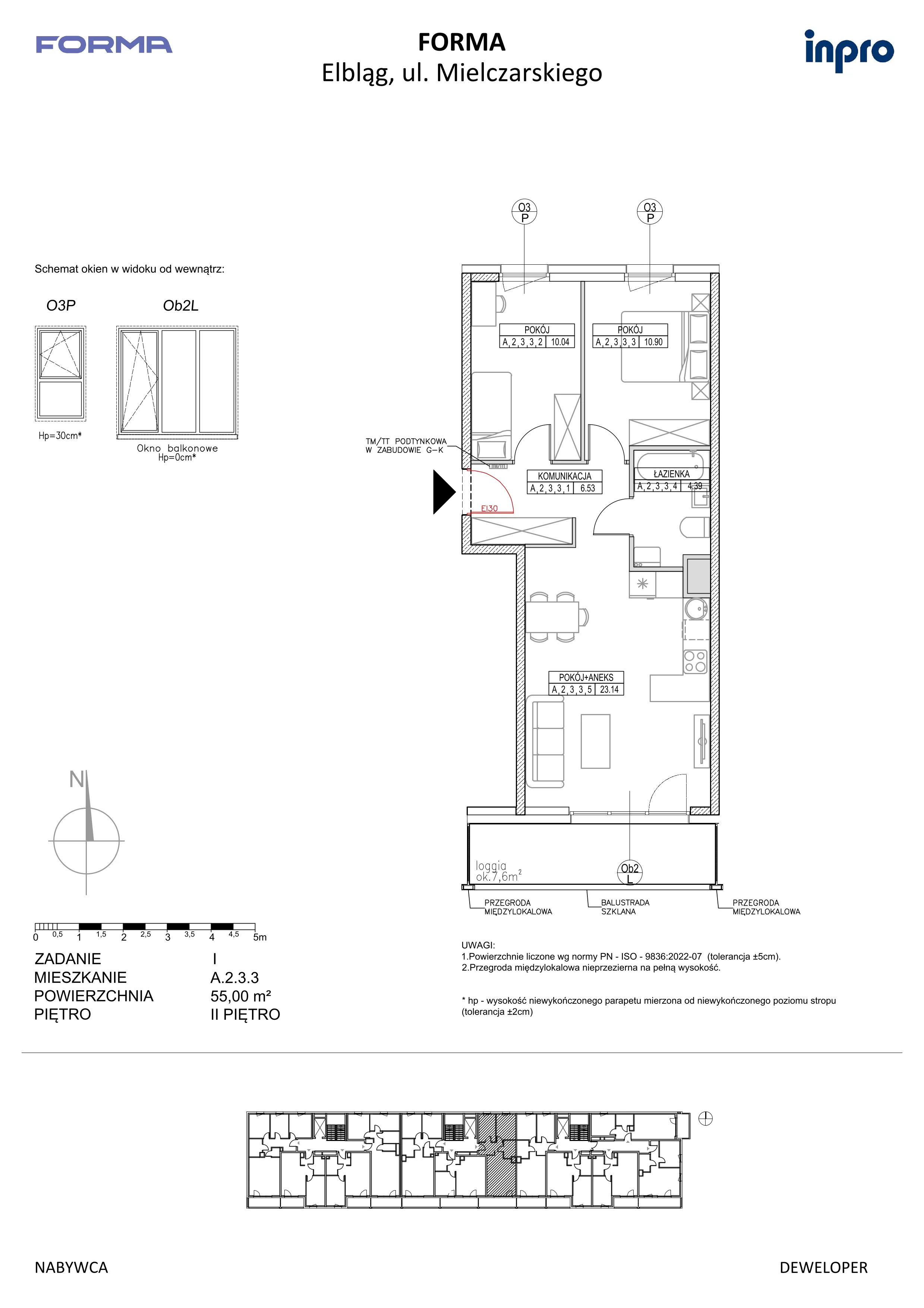 3 pokoje, mieszkanie 55,00 m², piętro 2, oferta nr A.2.3.3, FORMA, Elbląg, ul. Mielczarskiego