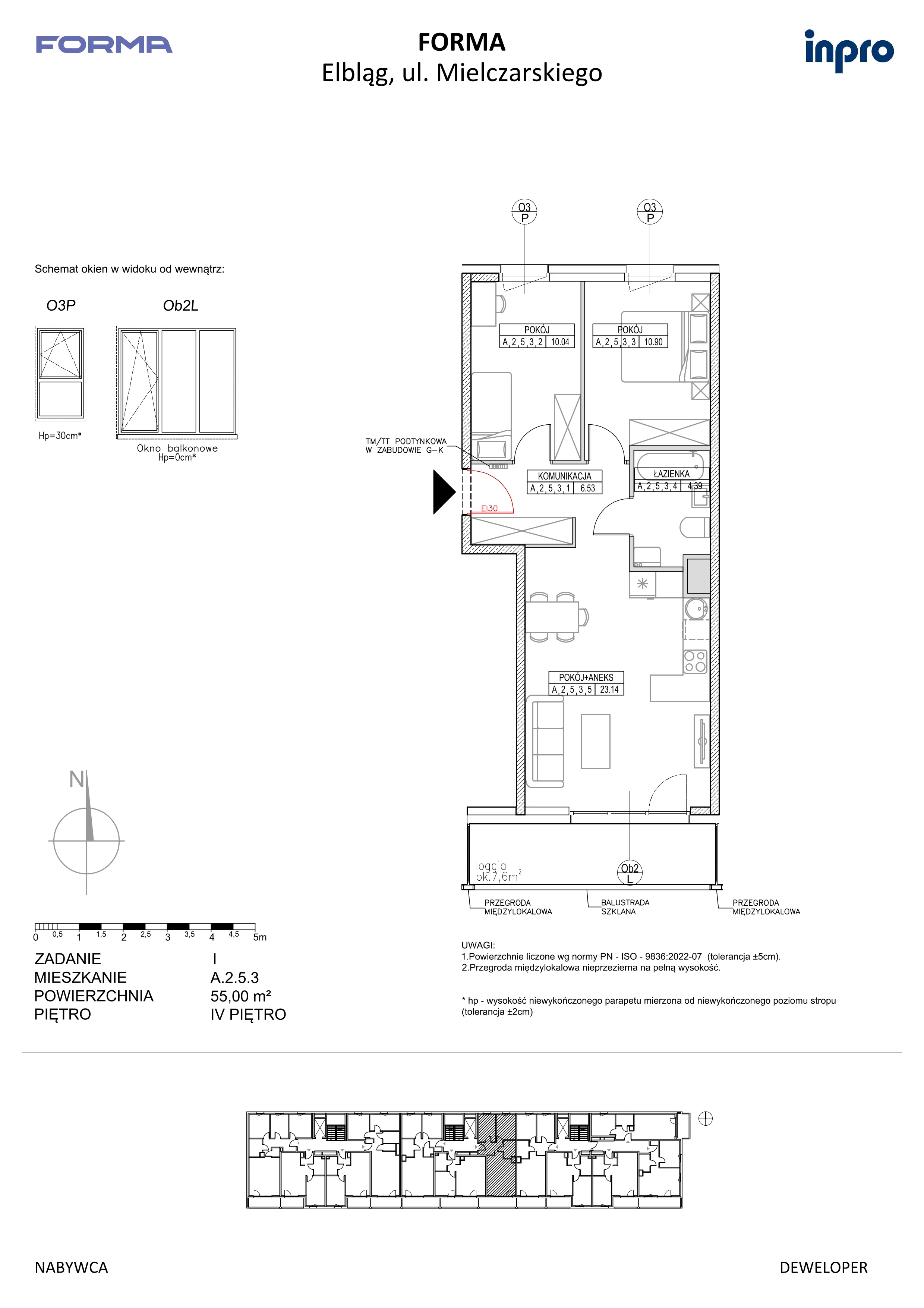 3 pokoje, mieszkanie 55,00 m², piętro 4, oferta nr A.2.5.3, FORMA, Elbląg, ul. Mielczarskiego