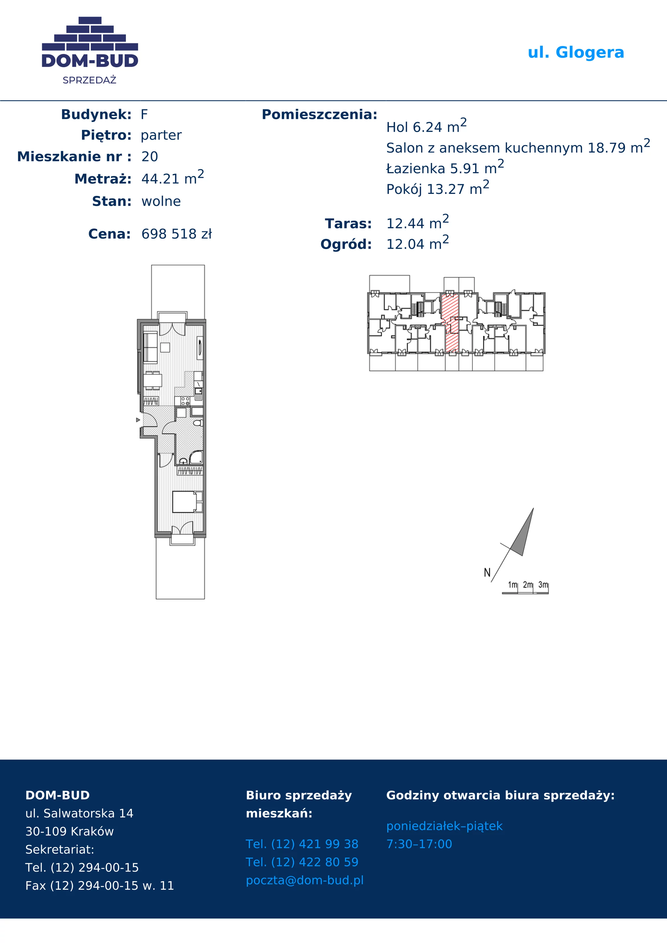 2 pokoje, mieszkanie 44,21 m², parter, oferta nr F20, ul. Glogera - bud. F, G i H, Kraków, Prądnik Biały, Górka Narodowa, ul. Zygmunta Glogera