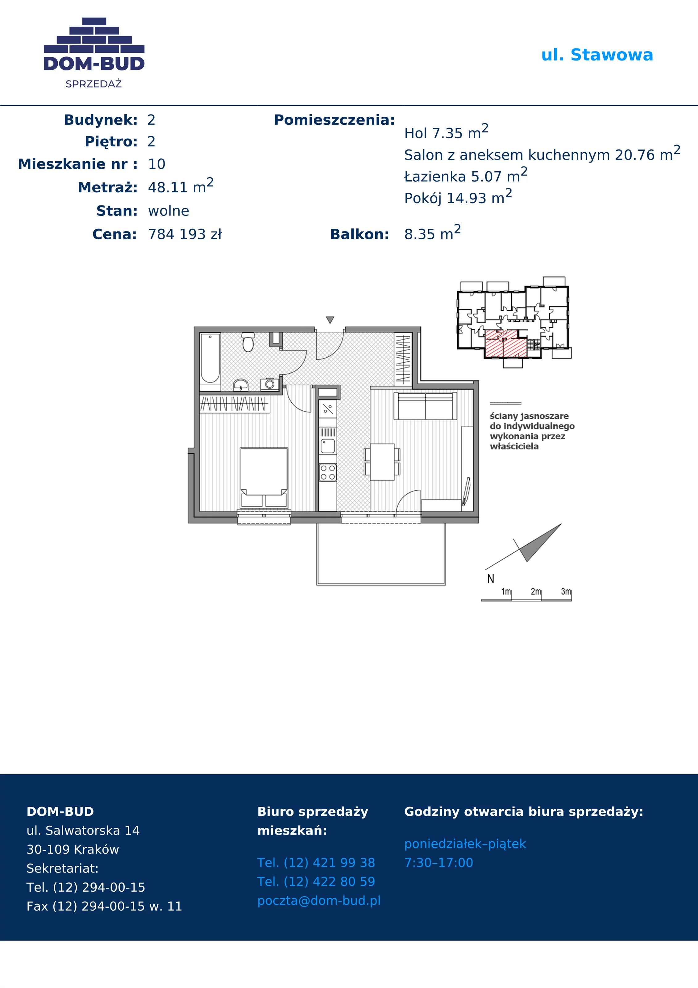 2 pokoje, mieszkanie 48,11 m², piętro 2, oferta nr 1/2-10, ul. Stawowa, Kraków, Prądnik Biały, Bronowice Wielkie, ul. Stawowa 242