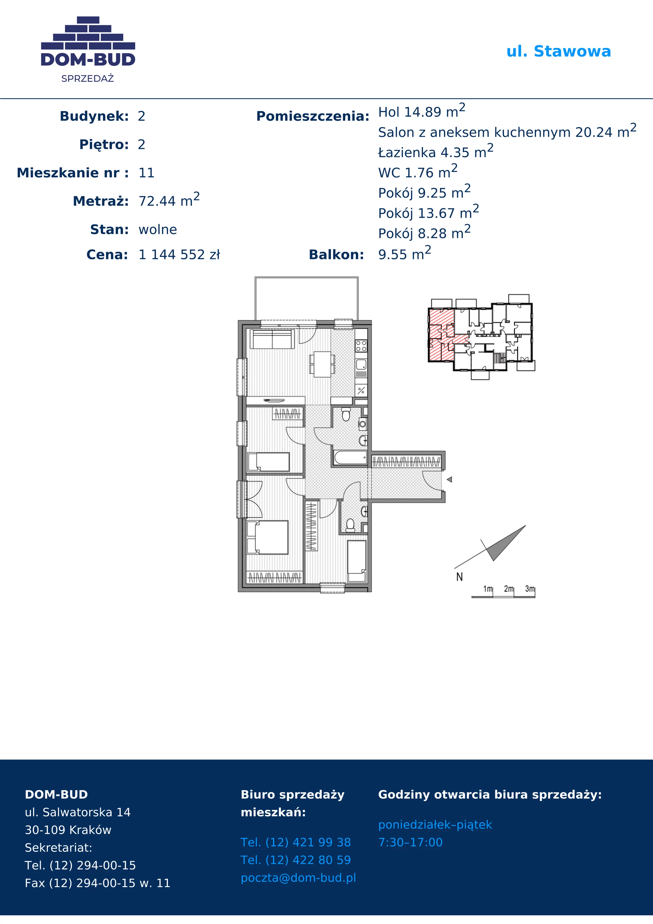 4 pokoje, mieszkanie 72,44 m², piętro 2, oferta nr 1/2-11, ul. Stawowa, Kraków, Prądnik Biały, Bronowice Wielkie, ul. Stawowa 242