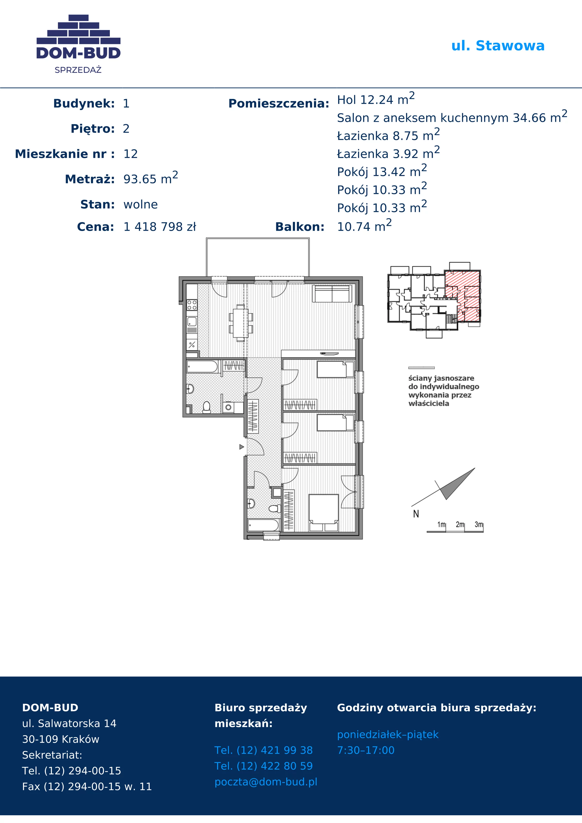 4 pokoje, mieszkanie 93,65 m², piętro 2, oferta nr 1/1-12, ul. Stawowa, Kraków, Prądnik Biały, Bronowice Wielkie, ul. Stawowa 242