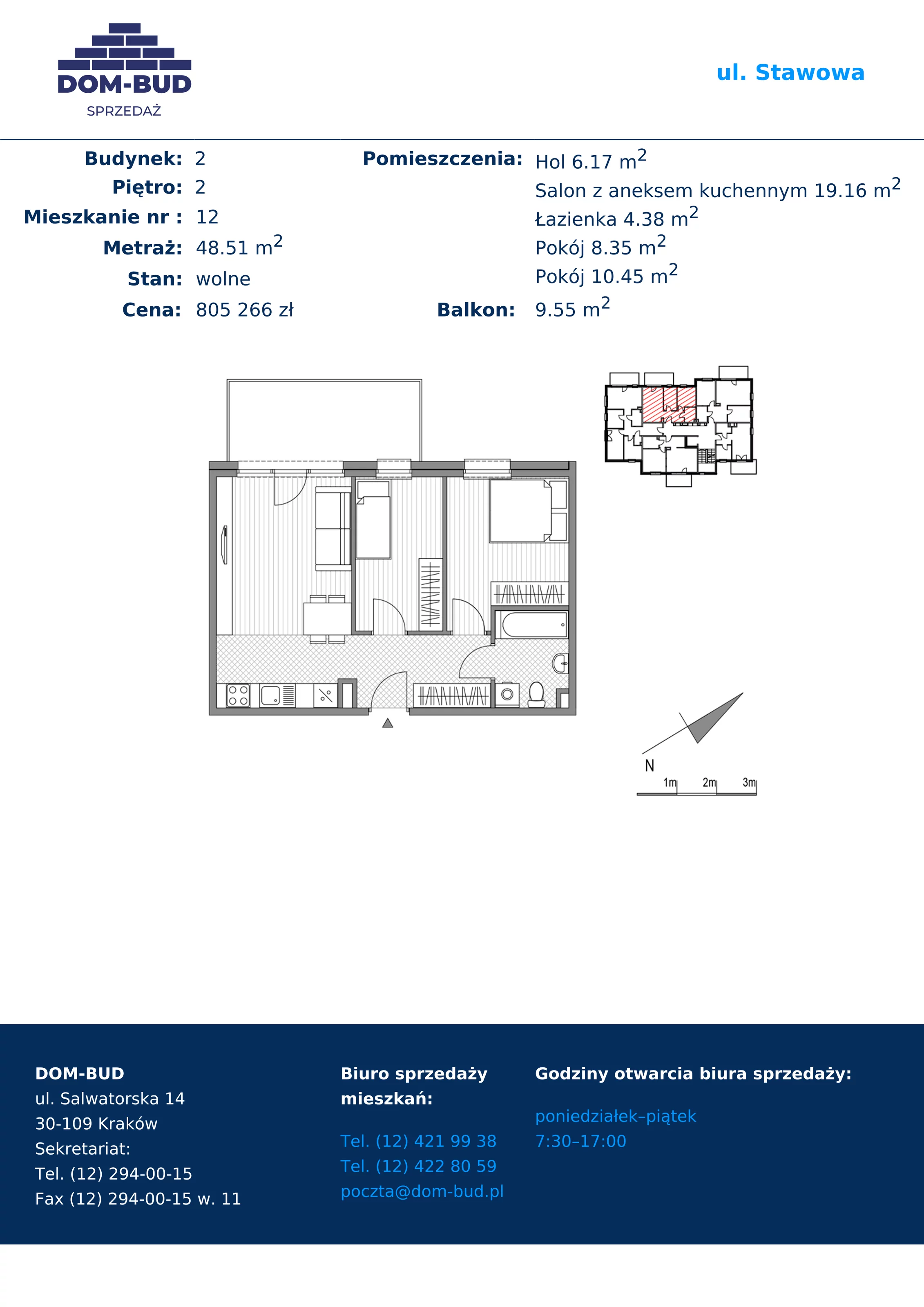 3 pokoje, mieszkanie 48,51 m², piętro 2, oferta nr 1/2-12, ul. Stawowa, Kraków, Prądnik Biały, Bronowice Wielkie, ul. Stawowa 242