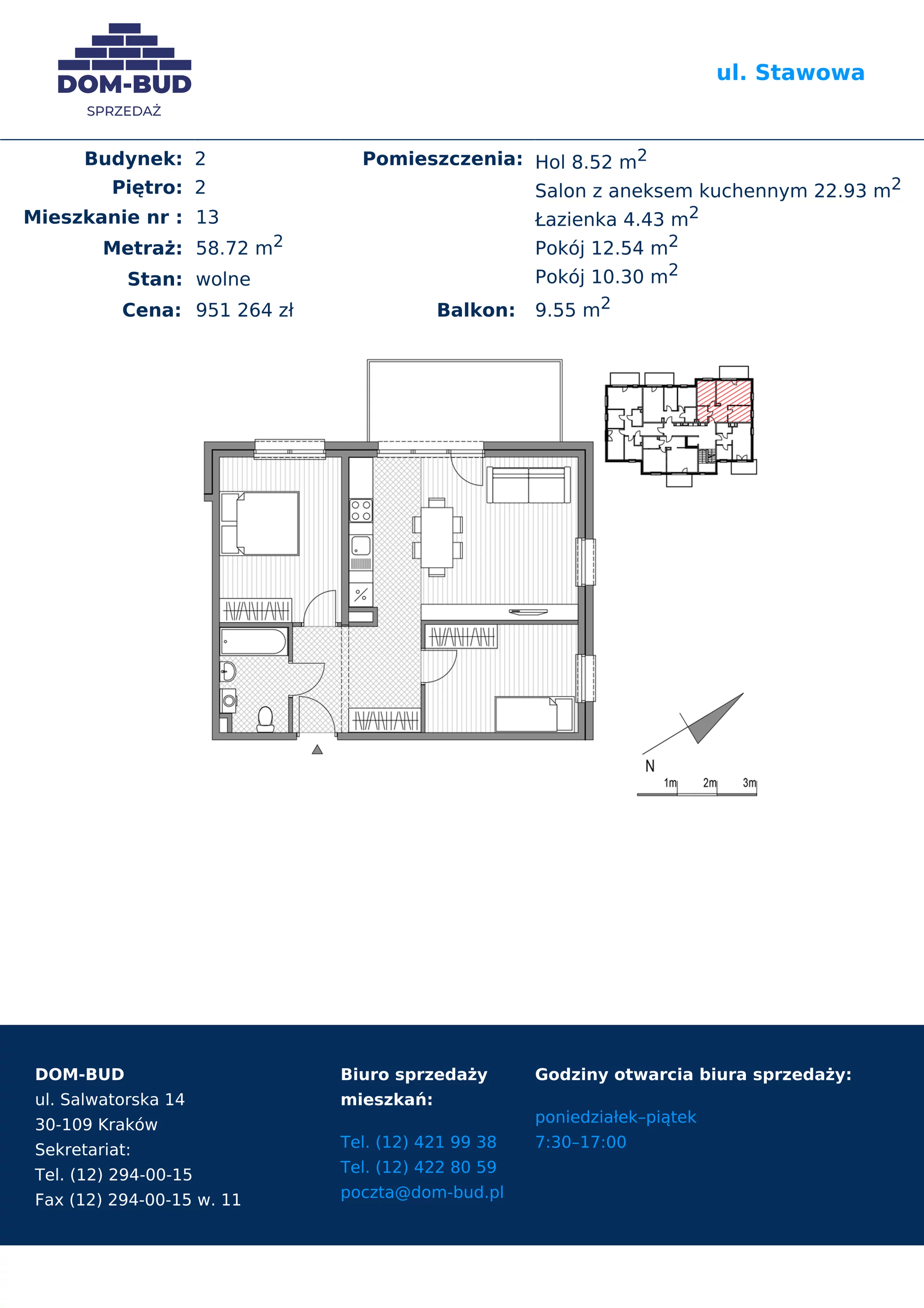 3 pokoje, mieszkanie 58,72 m², piętro 2, oferta nr 1/2-13, ul. Stawowa, Kraków, Prądnik Biały, Bronowice Wielkie, ul. Stawowa 242