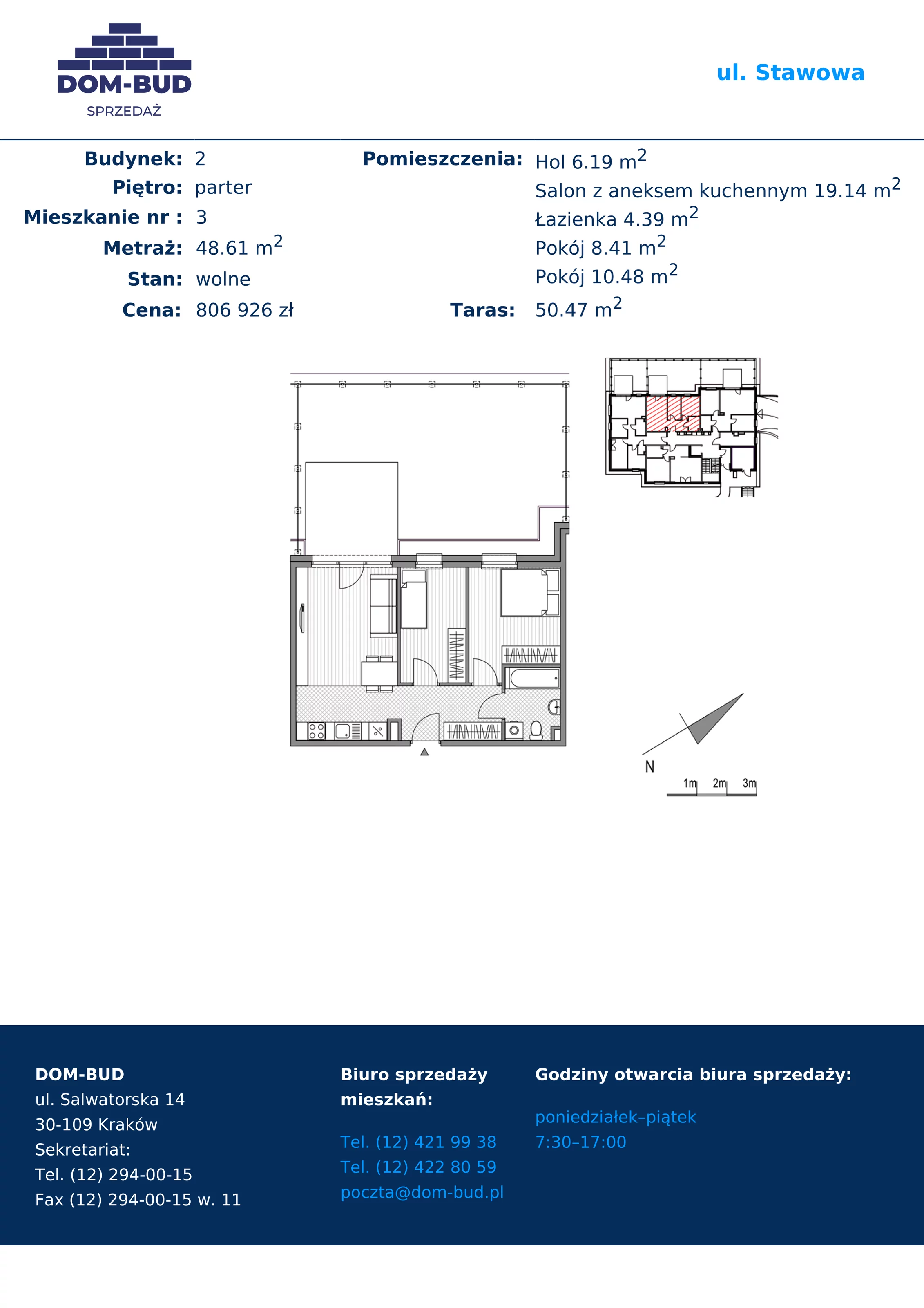 3 pokoje, mieszkanie 48,61 m², parter, oferta nr 1/2-3, ul. Stawowa, Kraków, Prądnik Biały, Bronowice Wielkie, ul. Stawowa 242