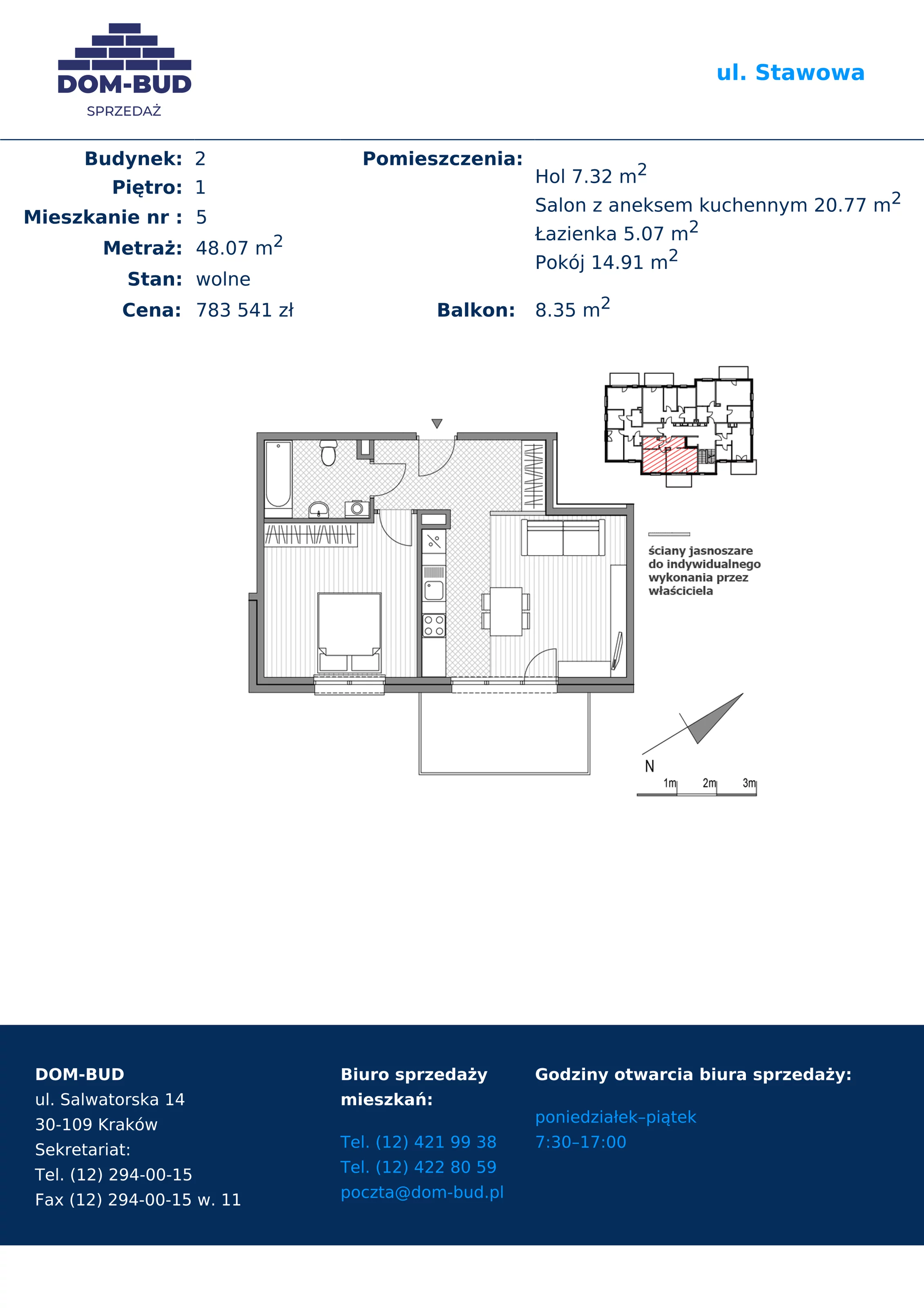 2 pokoje, mieszkanie 48,07 m², piętro 1, oferta nr 1/2-5, ul. Stawowa, Kraków, Prądnik Biały, Bronowice Wielkie, ul. Stawowa 242