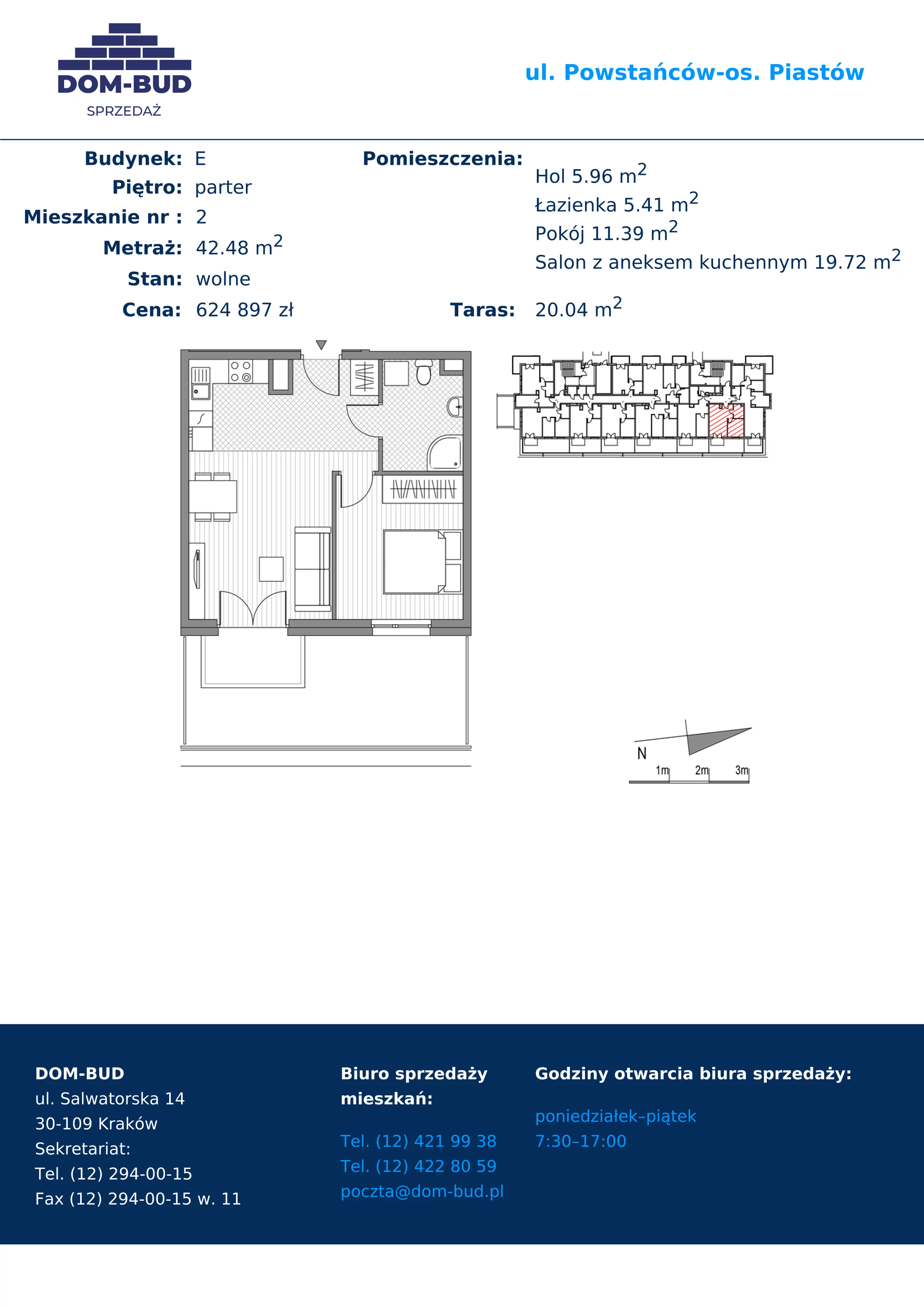 2 pokoje, mieszkanie 42,48 m², parter, oferta nr 2, ul. Powstańców / os. Piastów - Budynek E, Kraków, Mistrzejowice, Osiedle Piastów, ul. Powstańców / os. Piastów