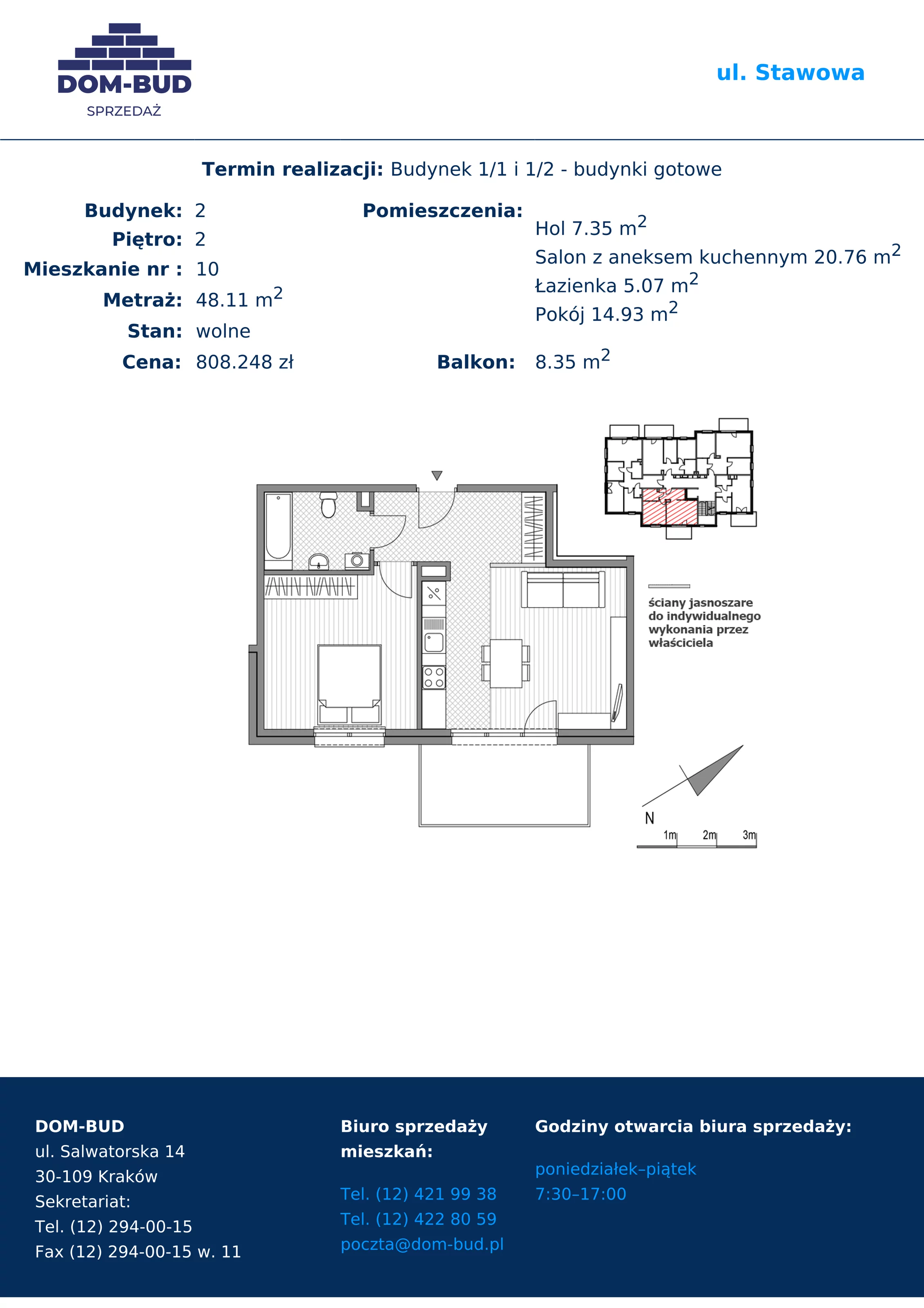 Mieszkanie 48,11 m², piętro 2, oferta nr 1/2-10, ul. Stawowa, Kraków, Prądnik Biały, Bronowice Wielkie, ul. Stawowa 242