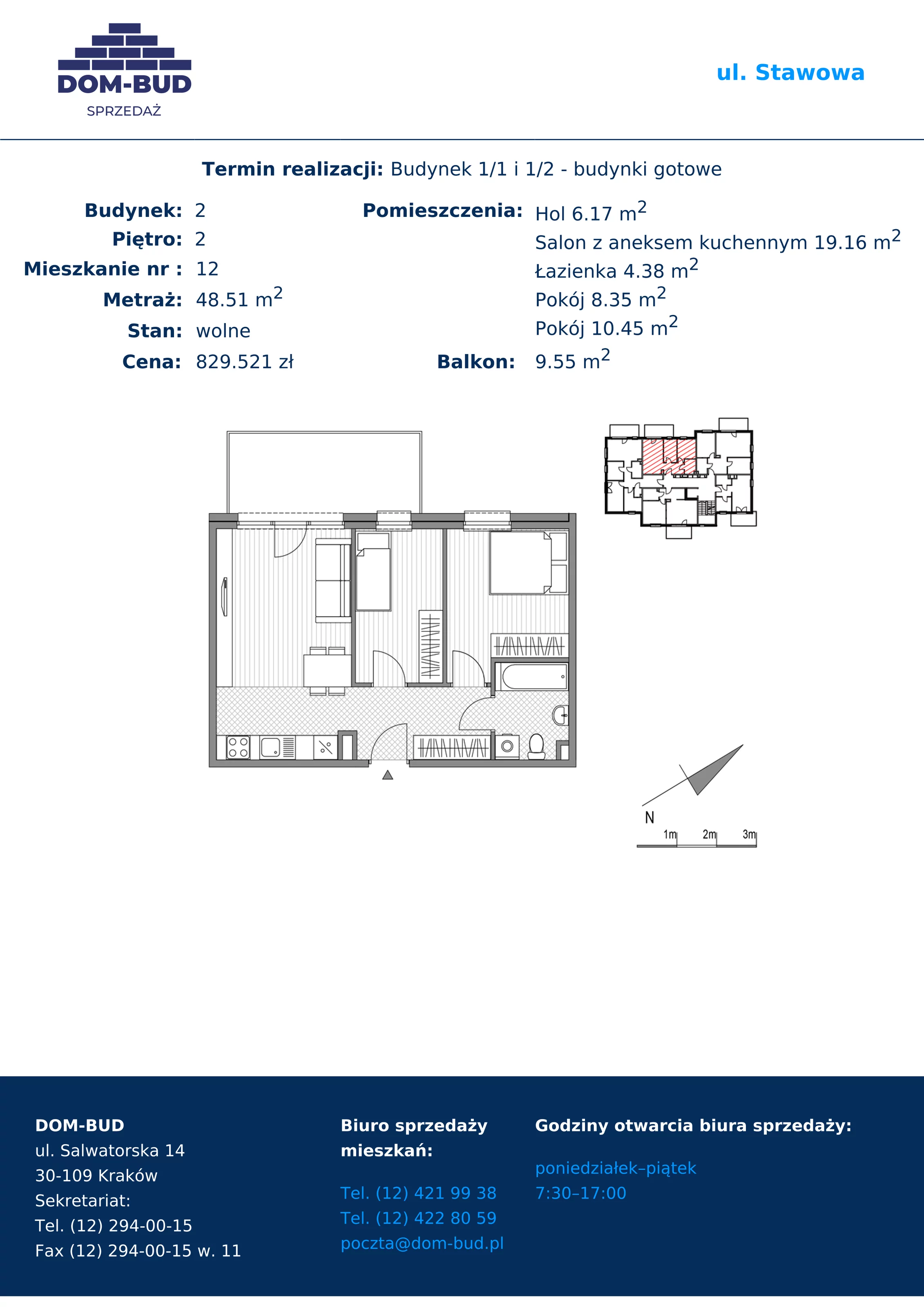 Mieszkanie 48,51 m², piętro 2, oferta nr 1/2-12, ul. Stawowa, Kraków, Prądnik Biały, Bronowice Wielkie, ul. Stawowa 242