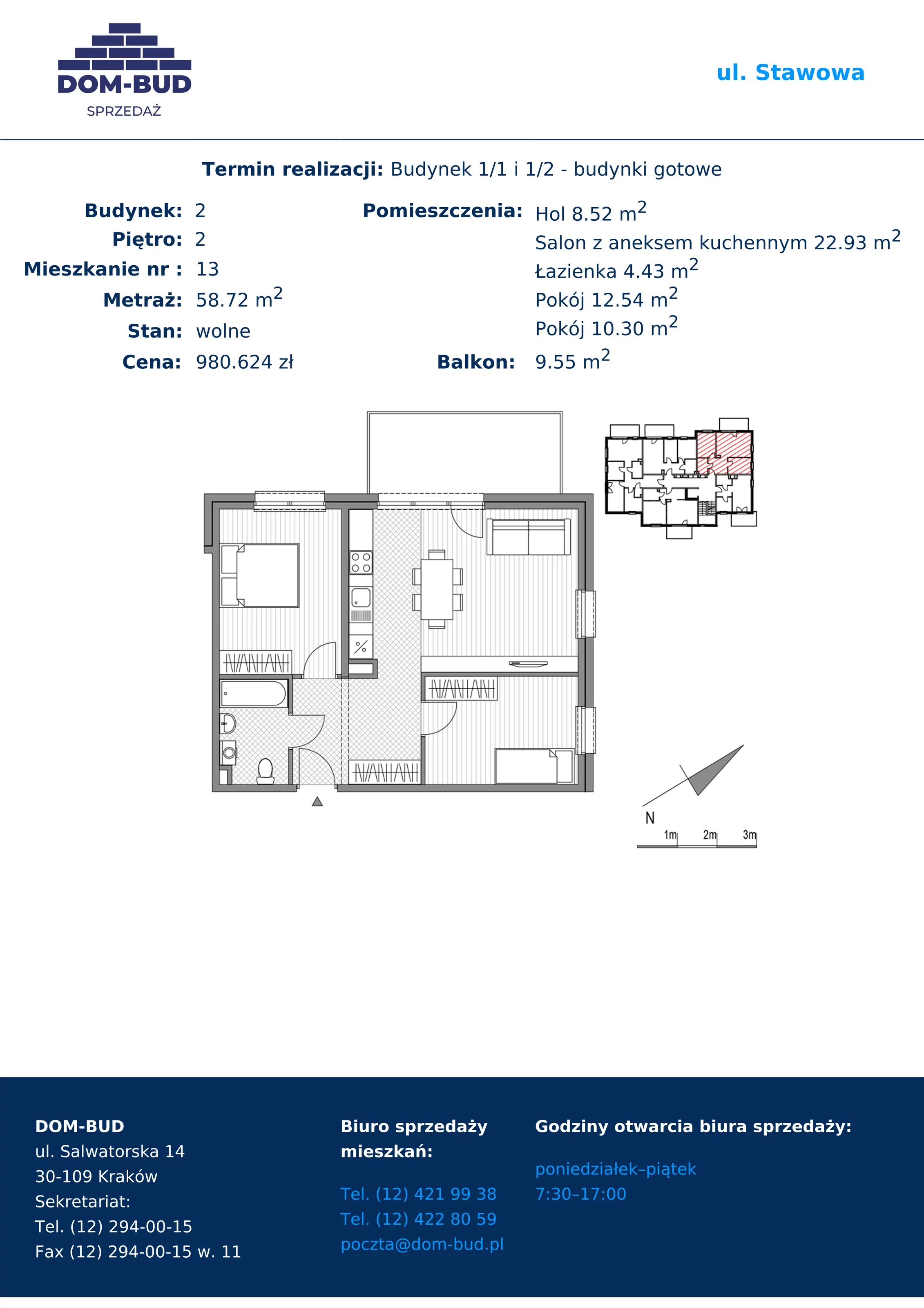 Mieszkanie 58,72 m², piętro 2, oferta nr 1/2-13, ul. Stawowa, Kraków, Prądnik Biały, Bronowice Wielkie, ul. Stawowa 242
