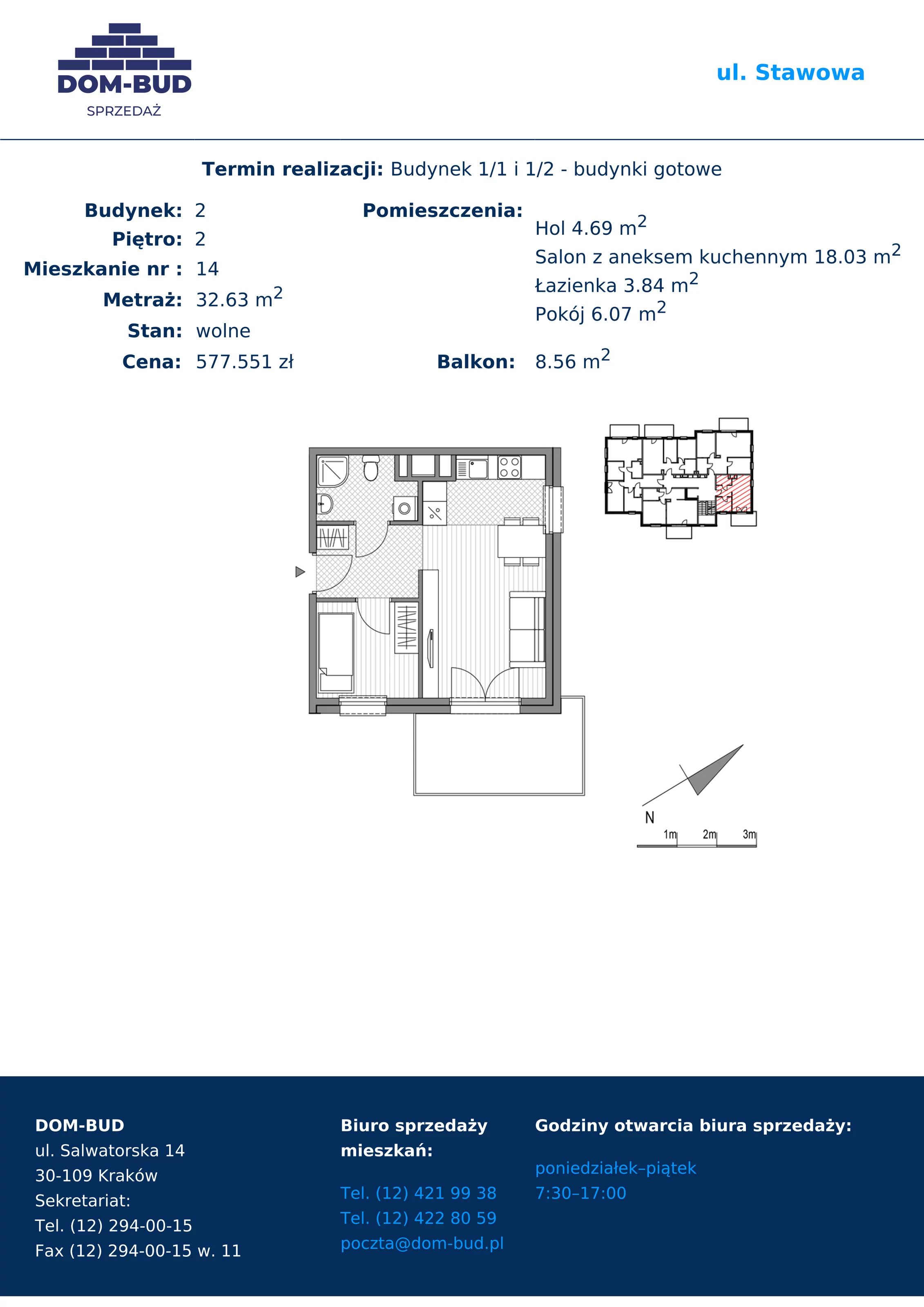 Mieszkanie 32,63 m², piętro 2, oferta nr 1/2-14, ul. Stawowa, Kraków, Prądnik Biały, Bronowice Wielkie, ul. Stawowa 242